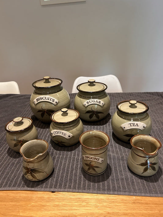 Boxwood Pottery Shepparton 8pc Canister Set Tea Coffee Sugar 1970s