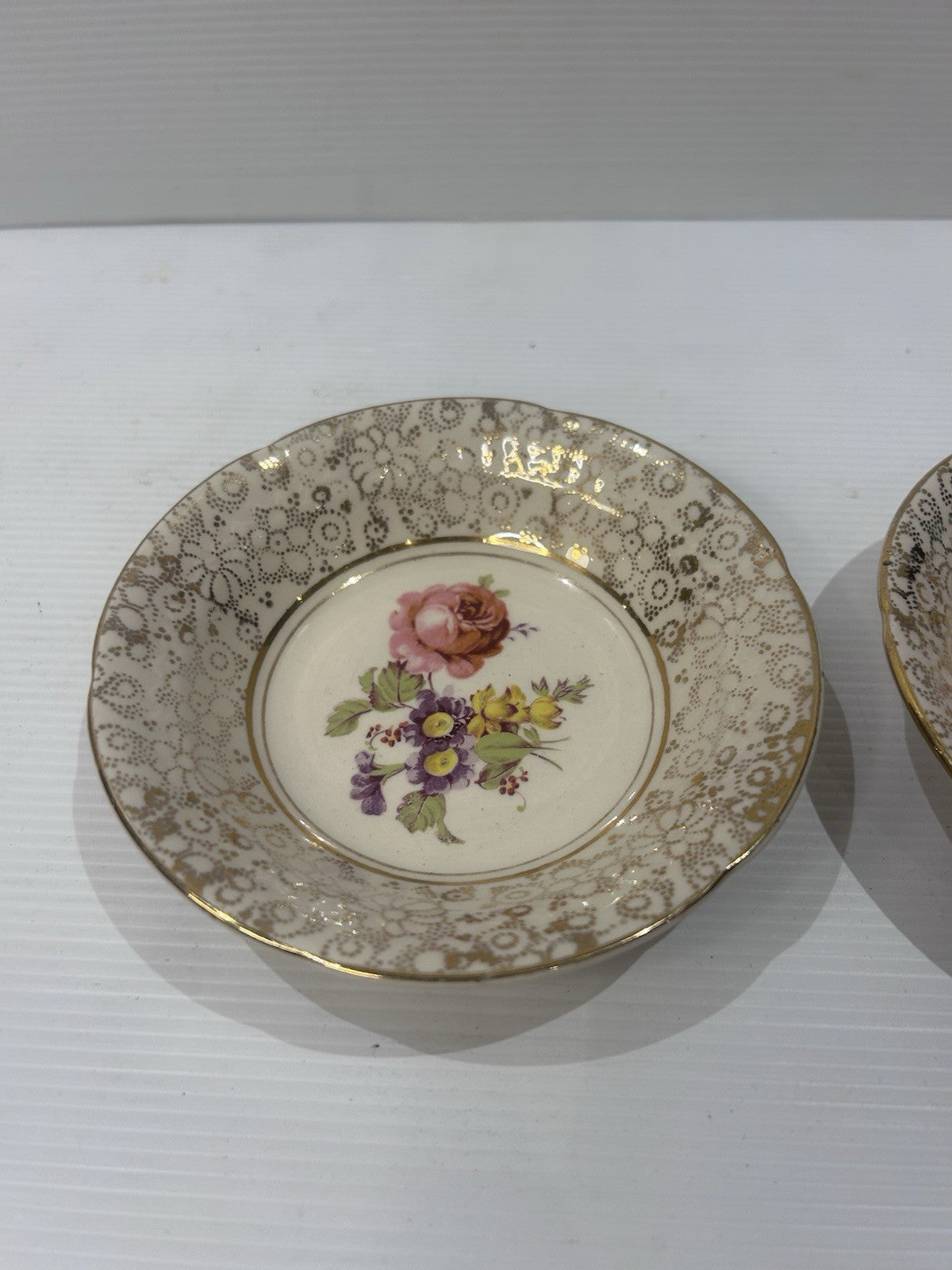 H&K Tunstall Floral Gold Lace Bowls x2 England Vintage Bone China