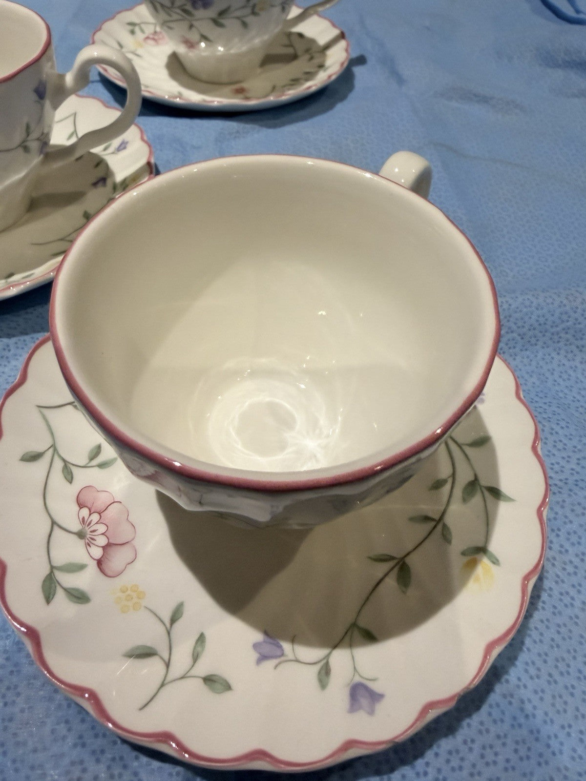 Johnson Brothers Tea Cups Saucers Set 5 Floral Pink Trim England Vintage