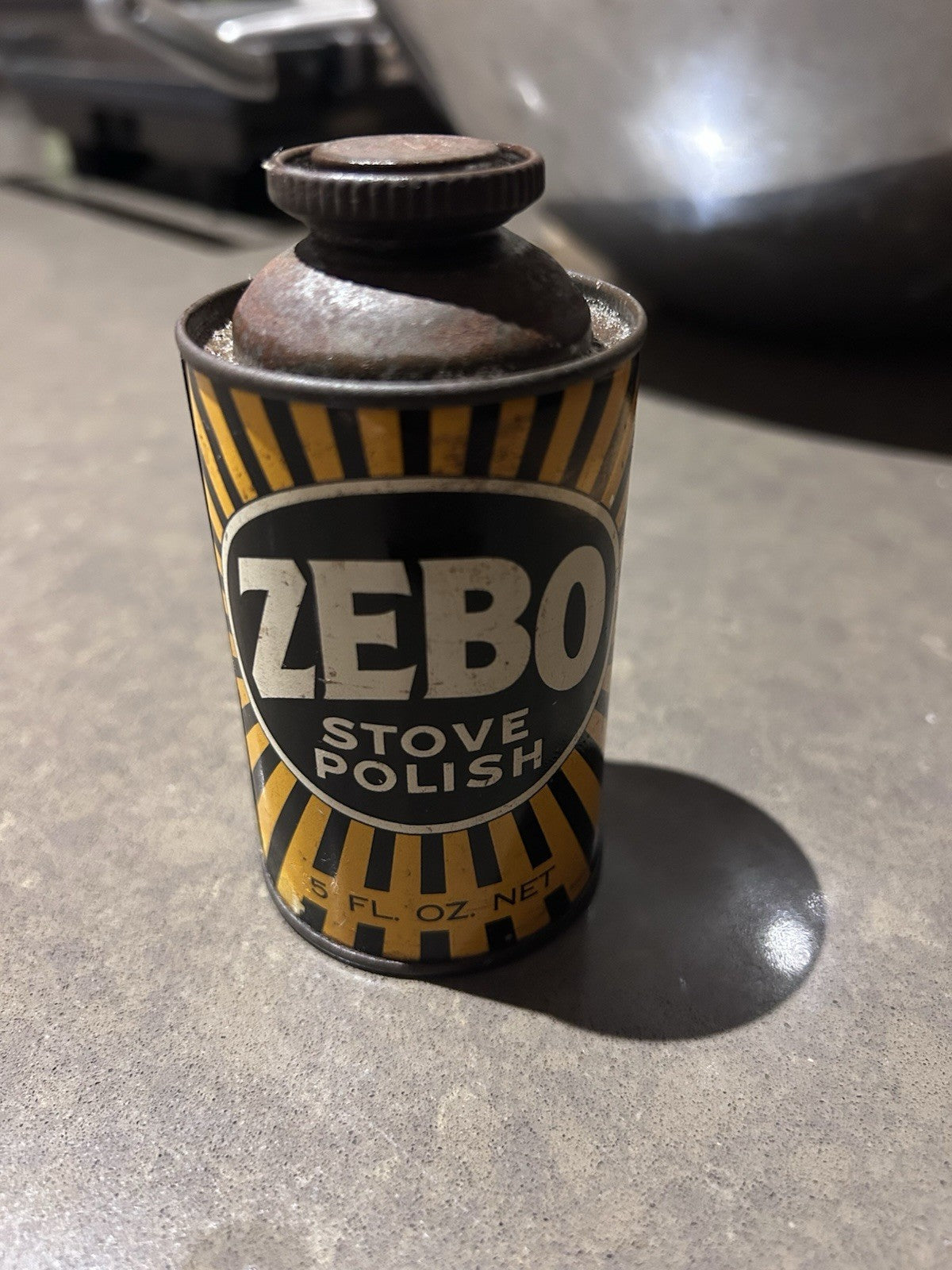 Vintage Zebo Stove Polish Tin Can 5 fl oz Zebra Brand Retro Graphics