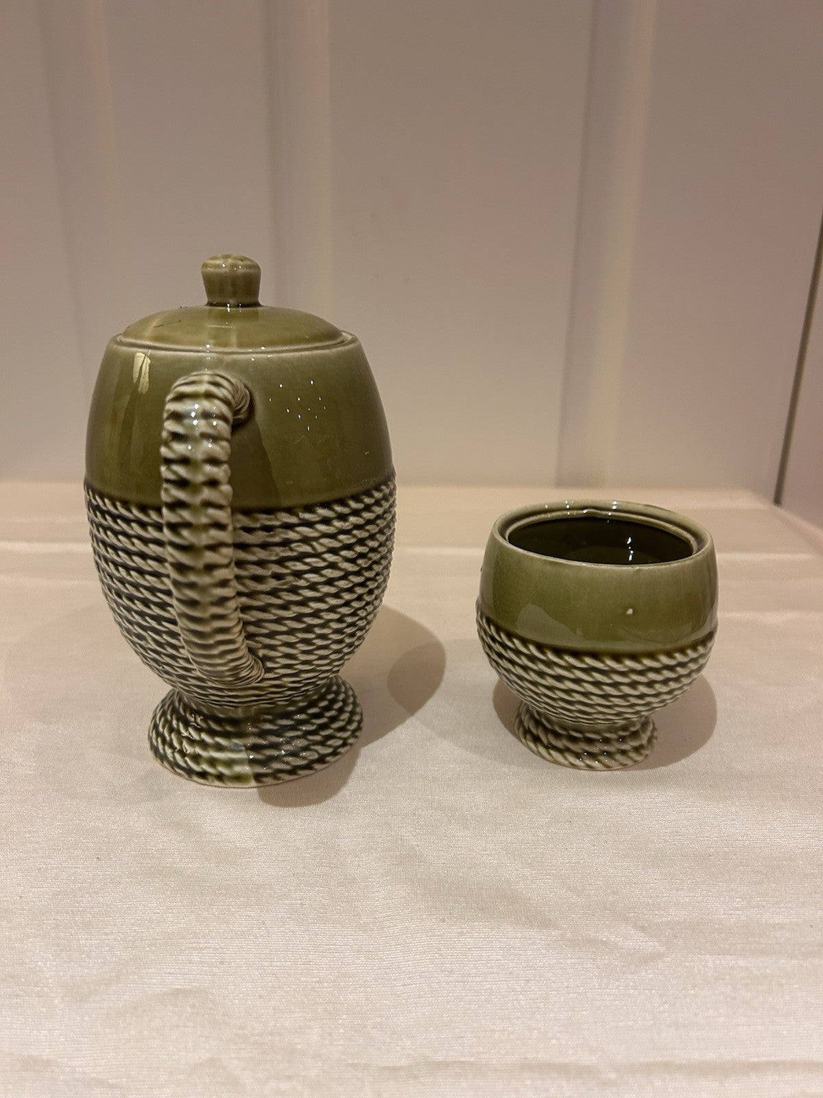 Vintage Japan Olive Green Rope Pattern Teapot & Sugar Bowl Pottery Set