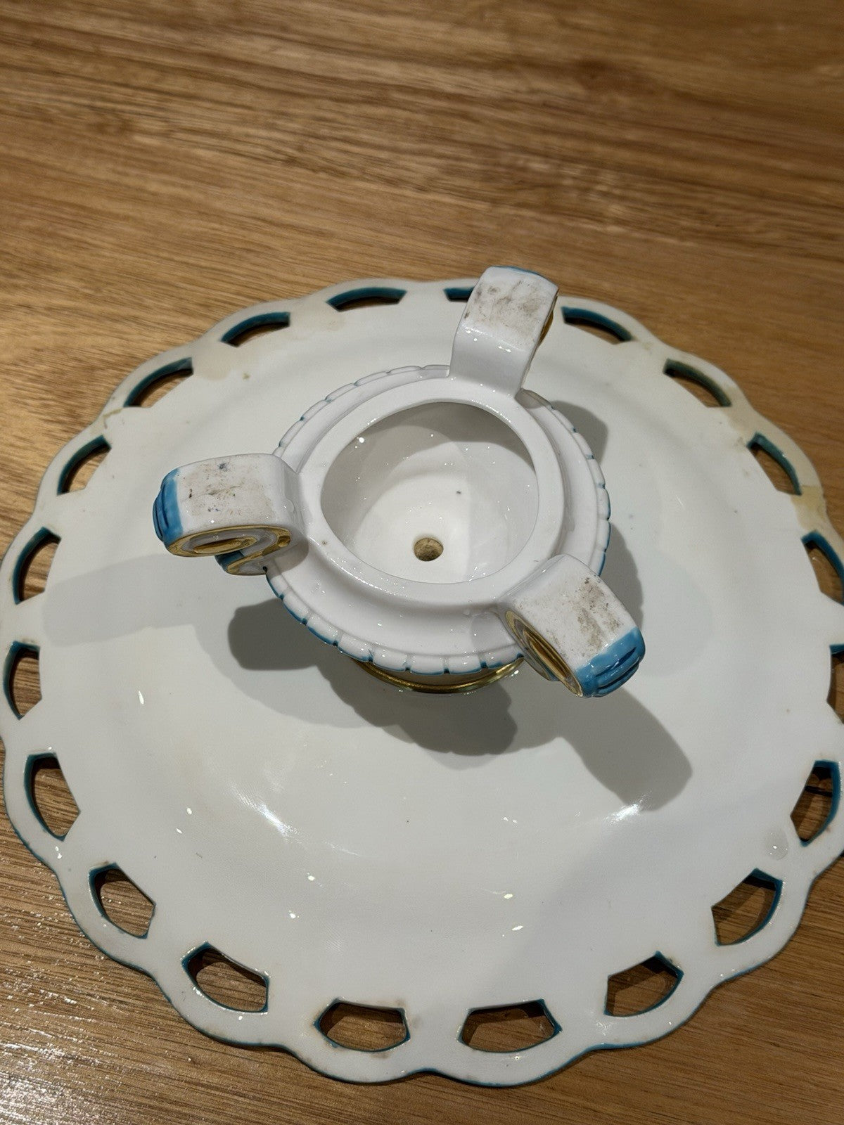 Antique Minton Style Porcelain Tazza Turquoise Pierced Rim Landscape c.1860