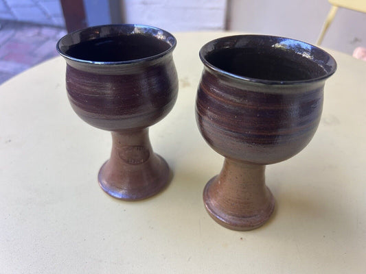 Bendigo Pottery 2 x Goblets Hand Made Stoneware - August 1980 Made