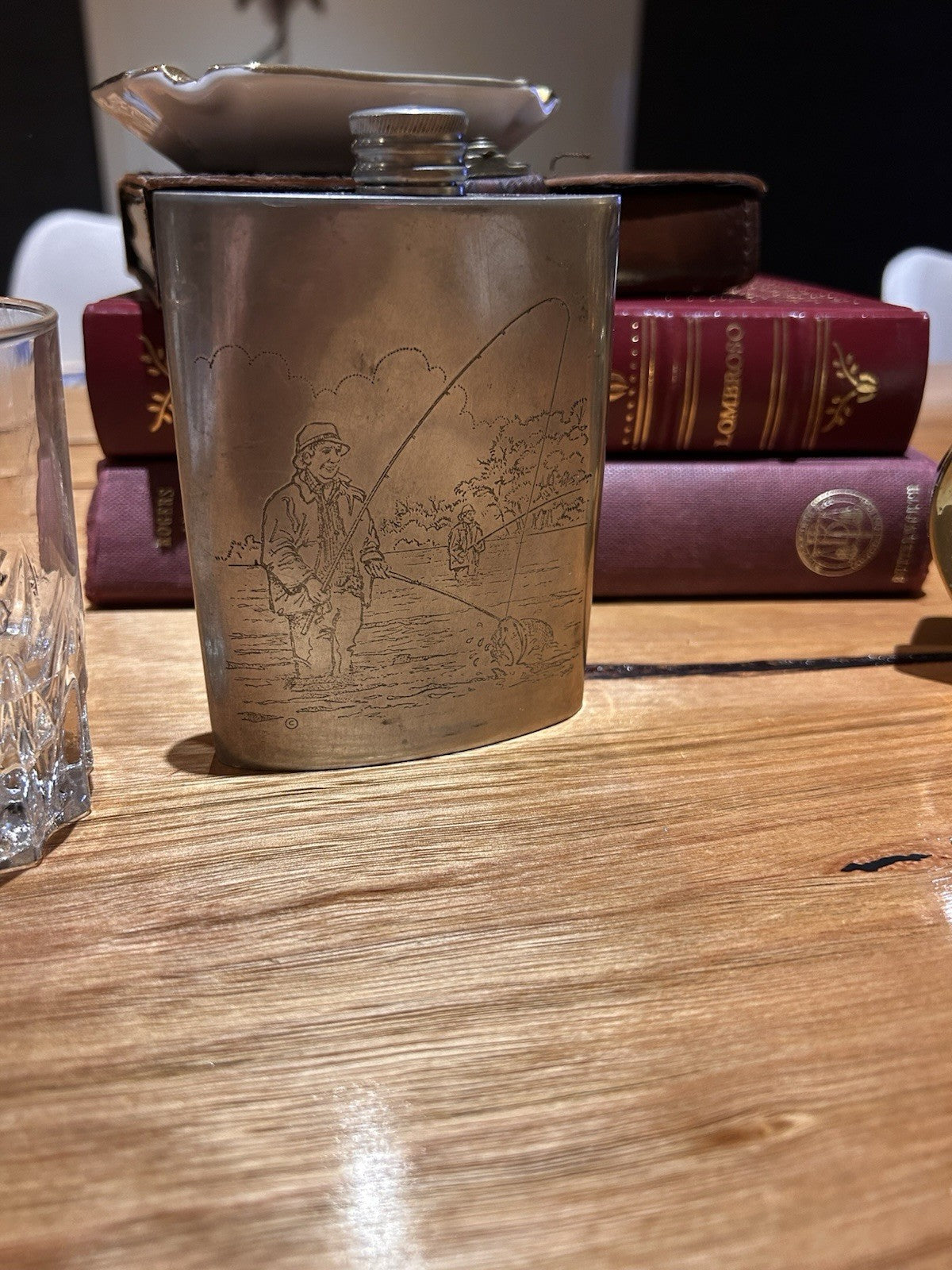  Comoy’s English Pewter 6oz Hip Flask Fishing Scene Sheffield England