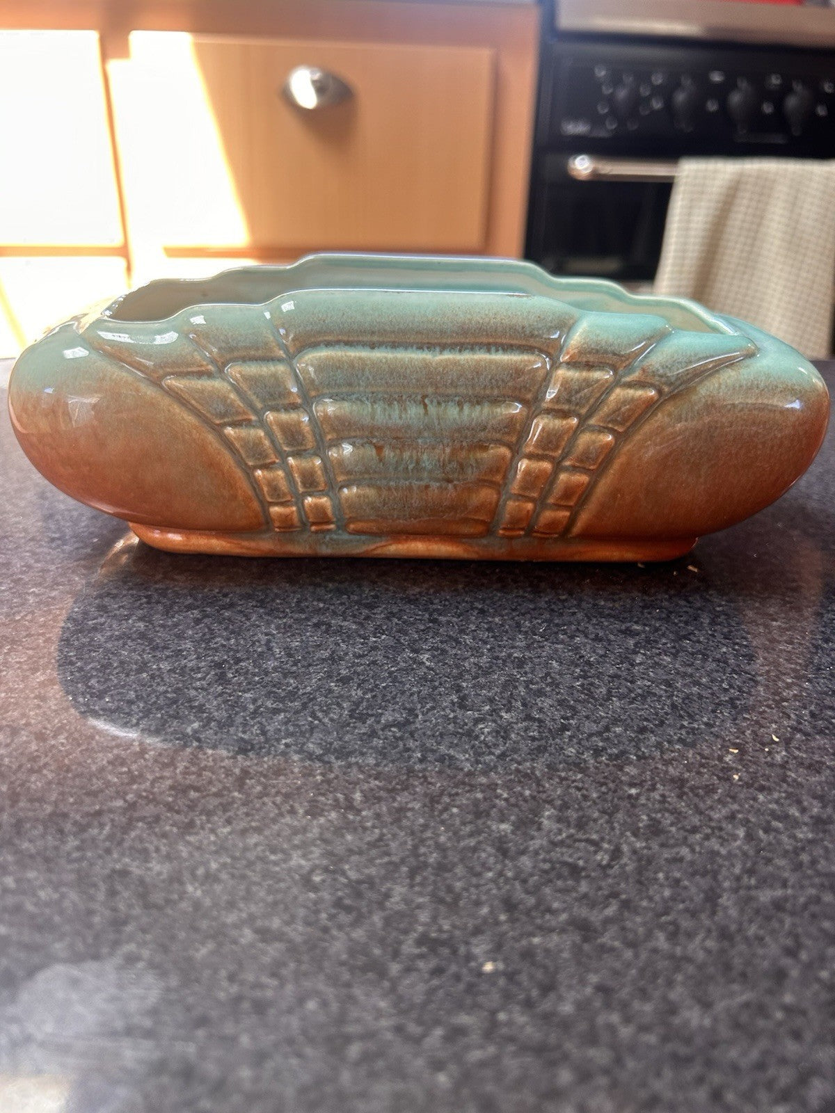 Diana Pottery Australia T6 Trough Vase Planter Green Brown Drip Glaze Vintage