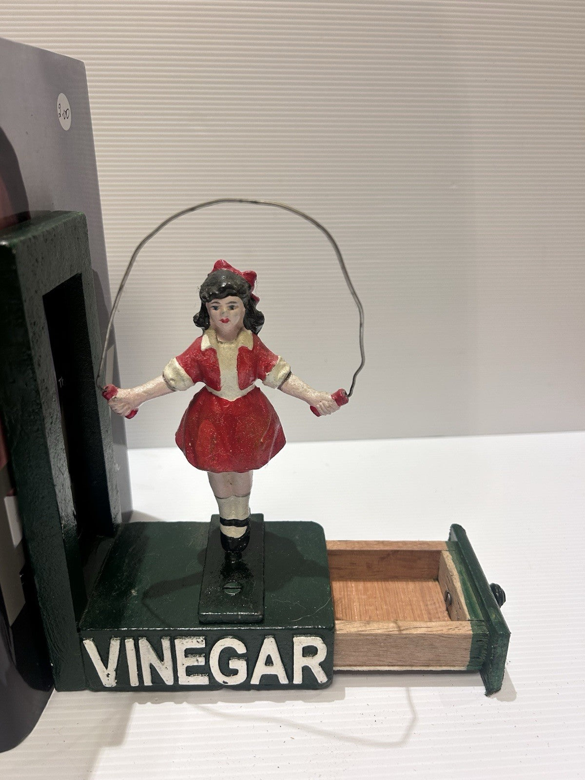 Vintage Styled Cast Iron Vinegar Skipping Girl Bookends with Wooden draws