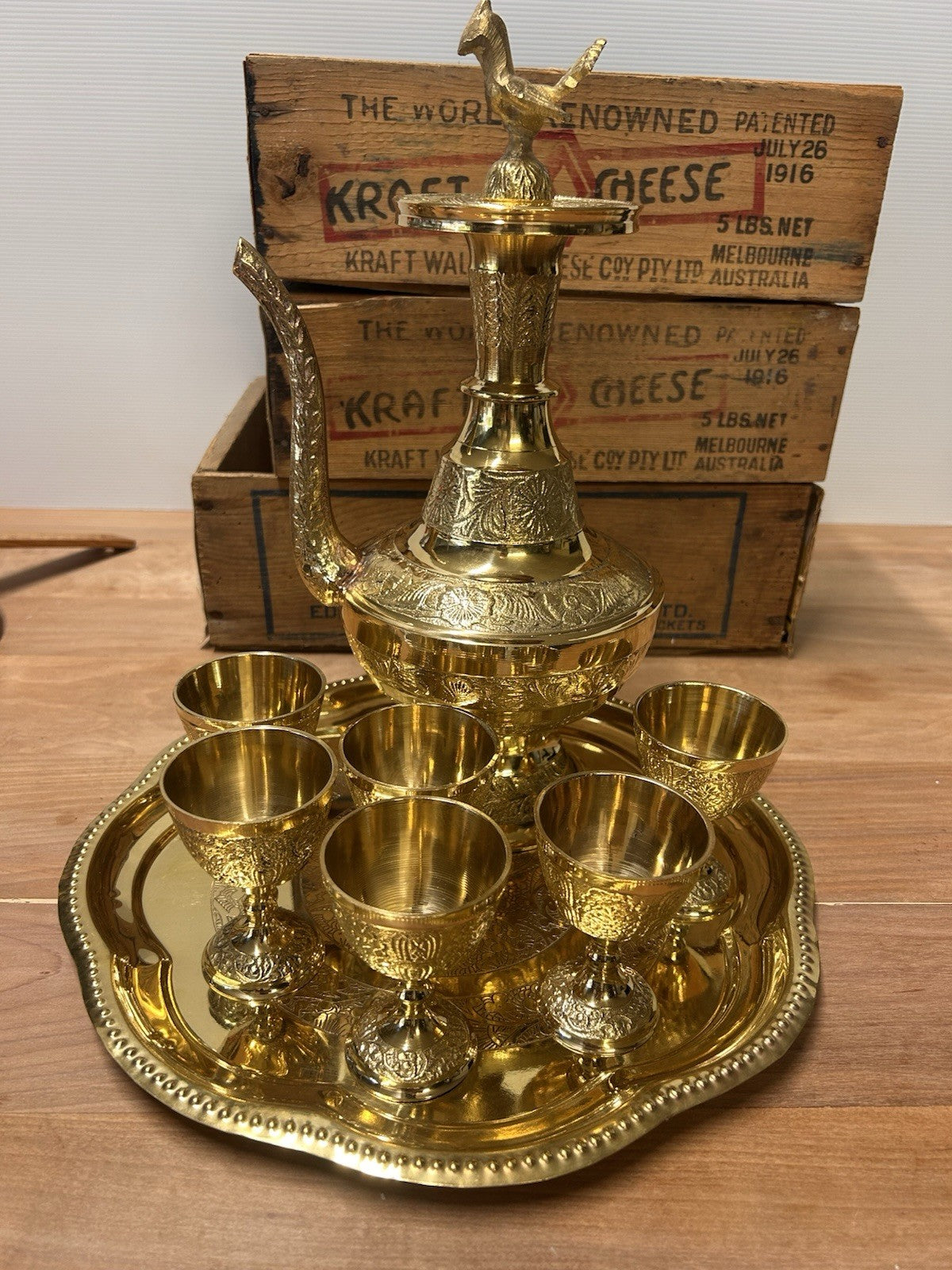 Vintage Indian Brass Coffee Set Arabian Dallah Style 36cm with 6 Cups & Tray