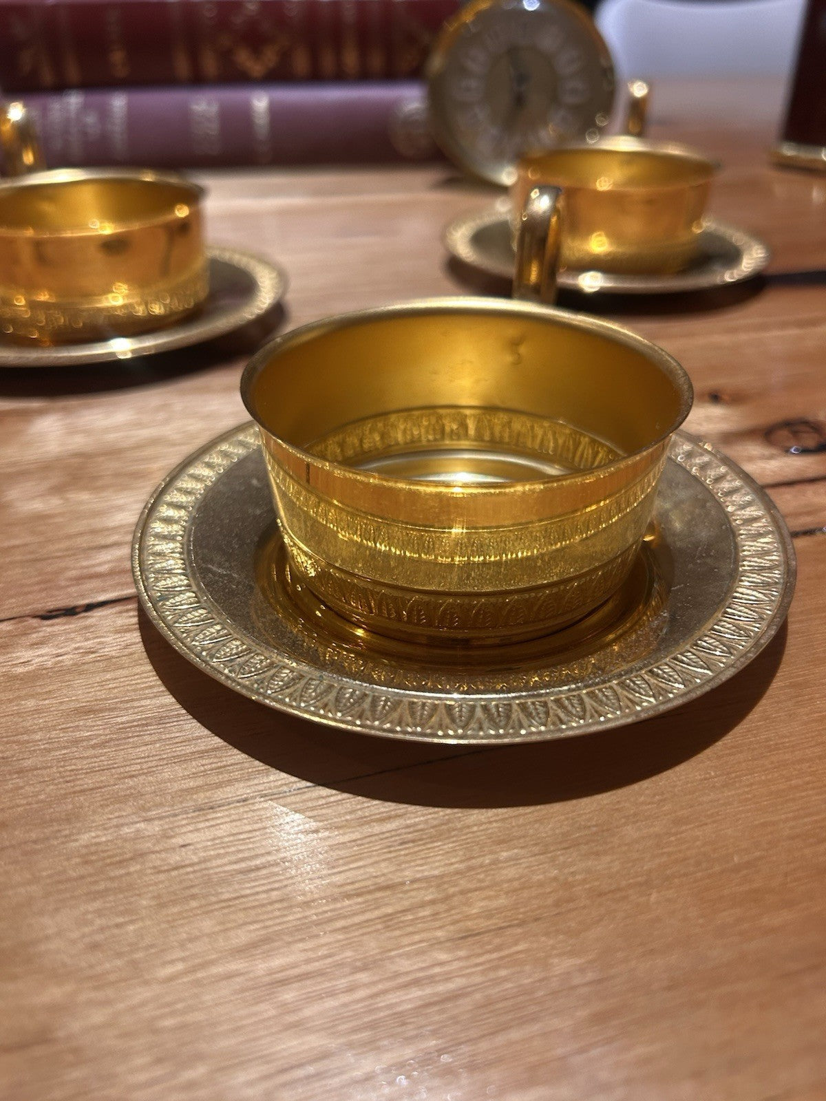 Vintage Gold Tone Aluminium Espresso Cups & Saucers Set 4 Retro Coffee
