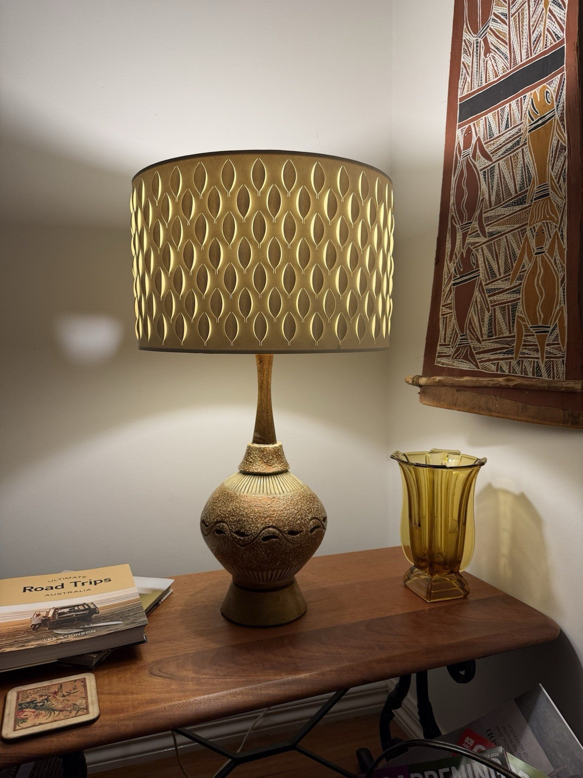Vintage Mid Century Studio Pottery Table Lamp Ceramic Timber Base Working