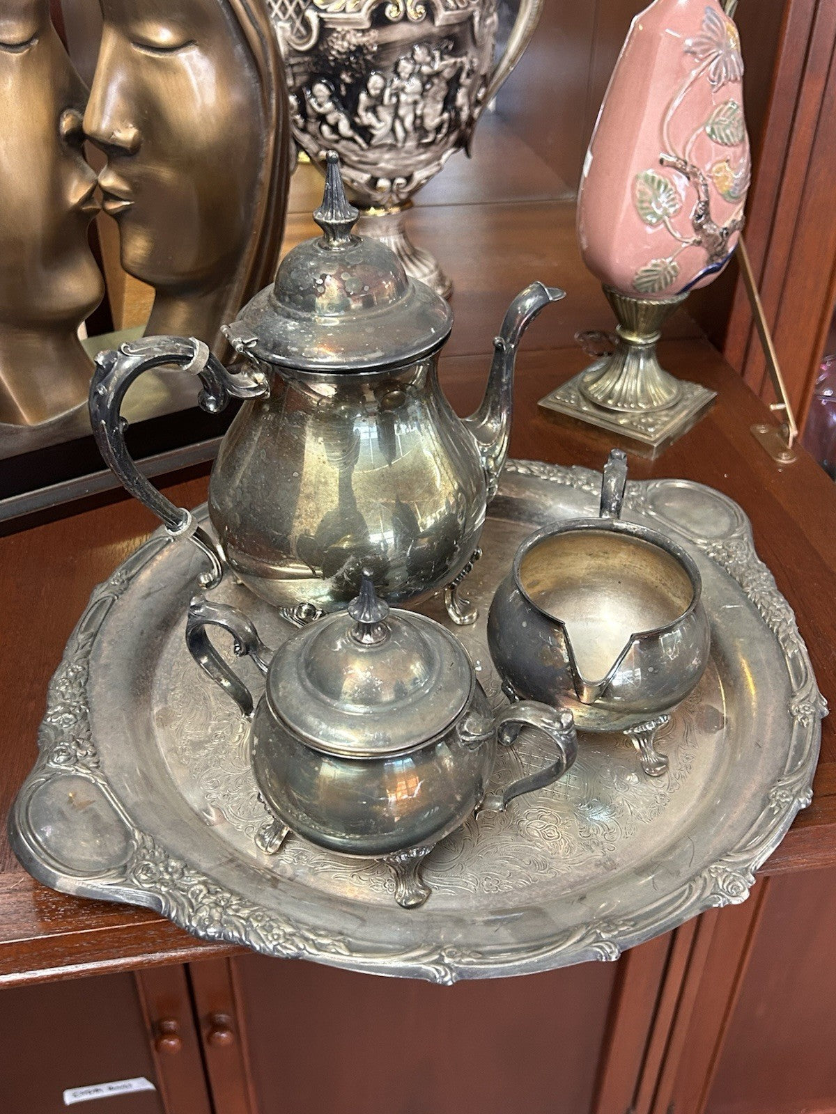 Rodd Silverplate Tea Set w Grosvenor Tray Teapot Sugar Creamer Vintage 