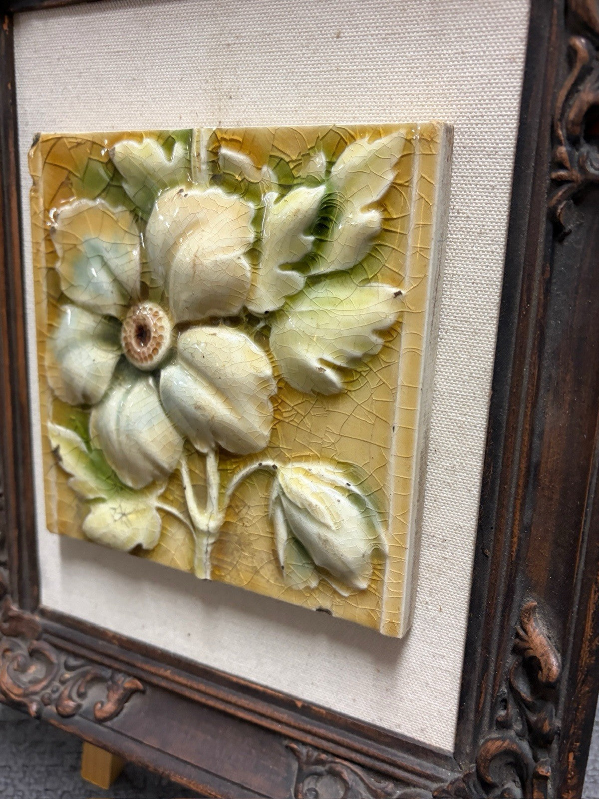 Vintage Art Nouveau Floral Majolica Relief Tile Framed Wall Art No Gold 31cm