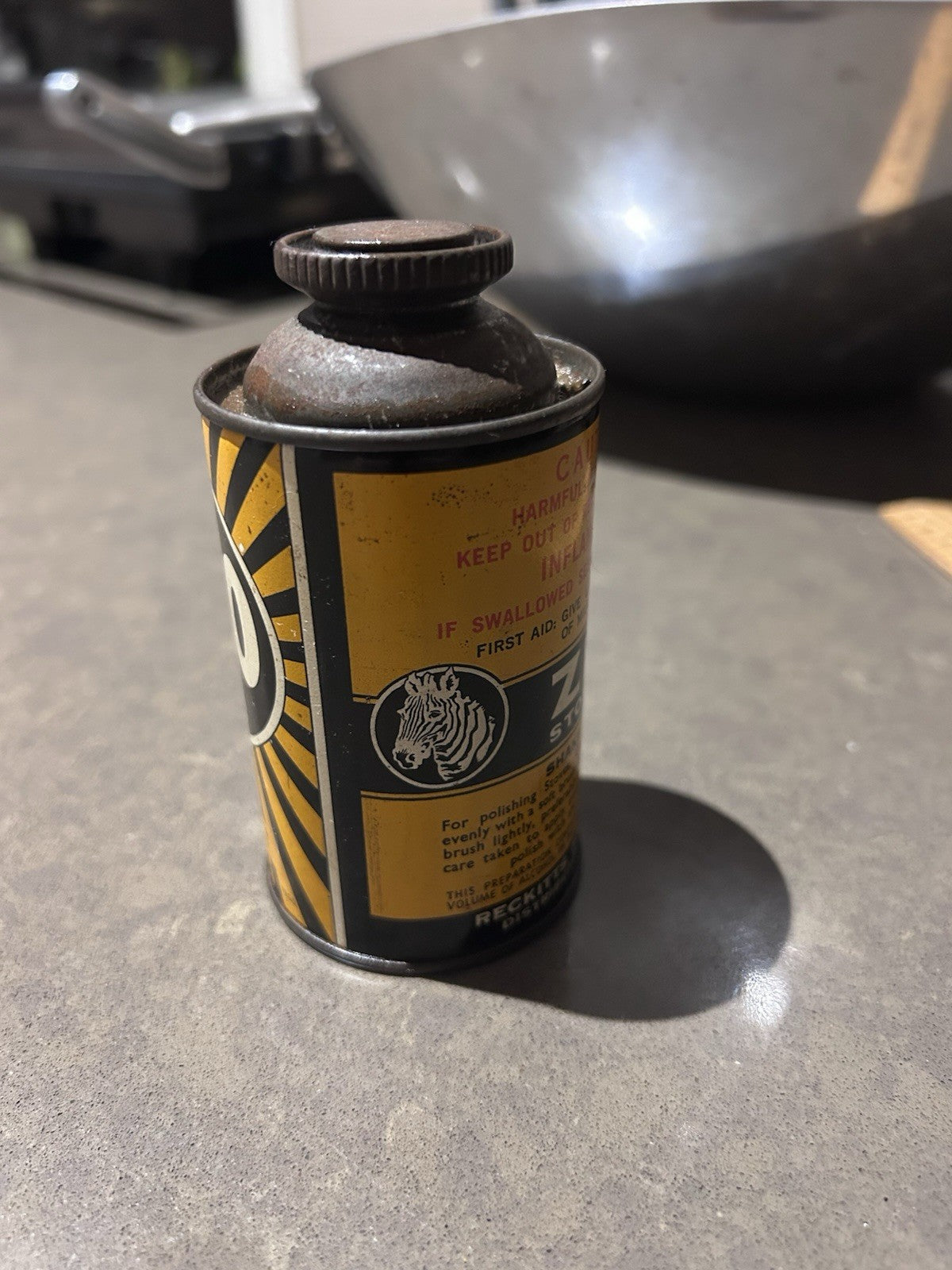 Vintage Zebo Stove Polish Tin Can 5 fl oz Zebra Brand Retro Graphics