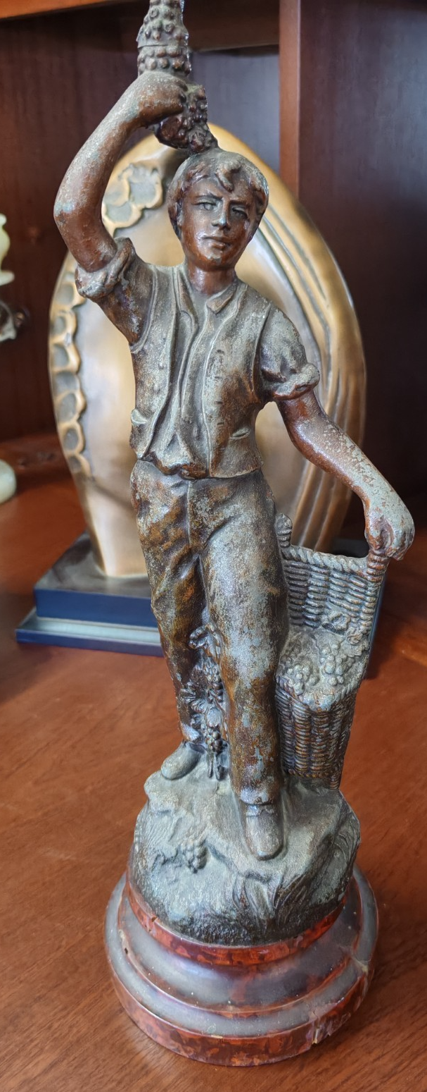 Vintage Figural Spelter Statue – Young Grape Harvester on Marble Base