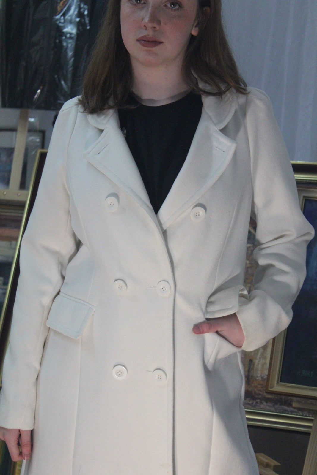 Ladies White Double Breasted Long Coat Lifestyle Wear Size 12 Tailored Jacket