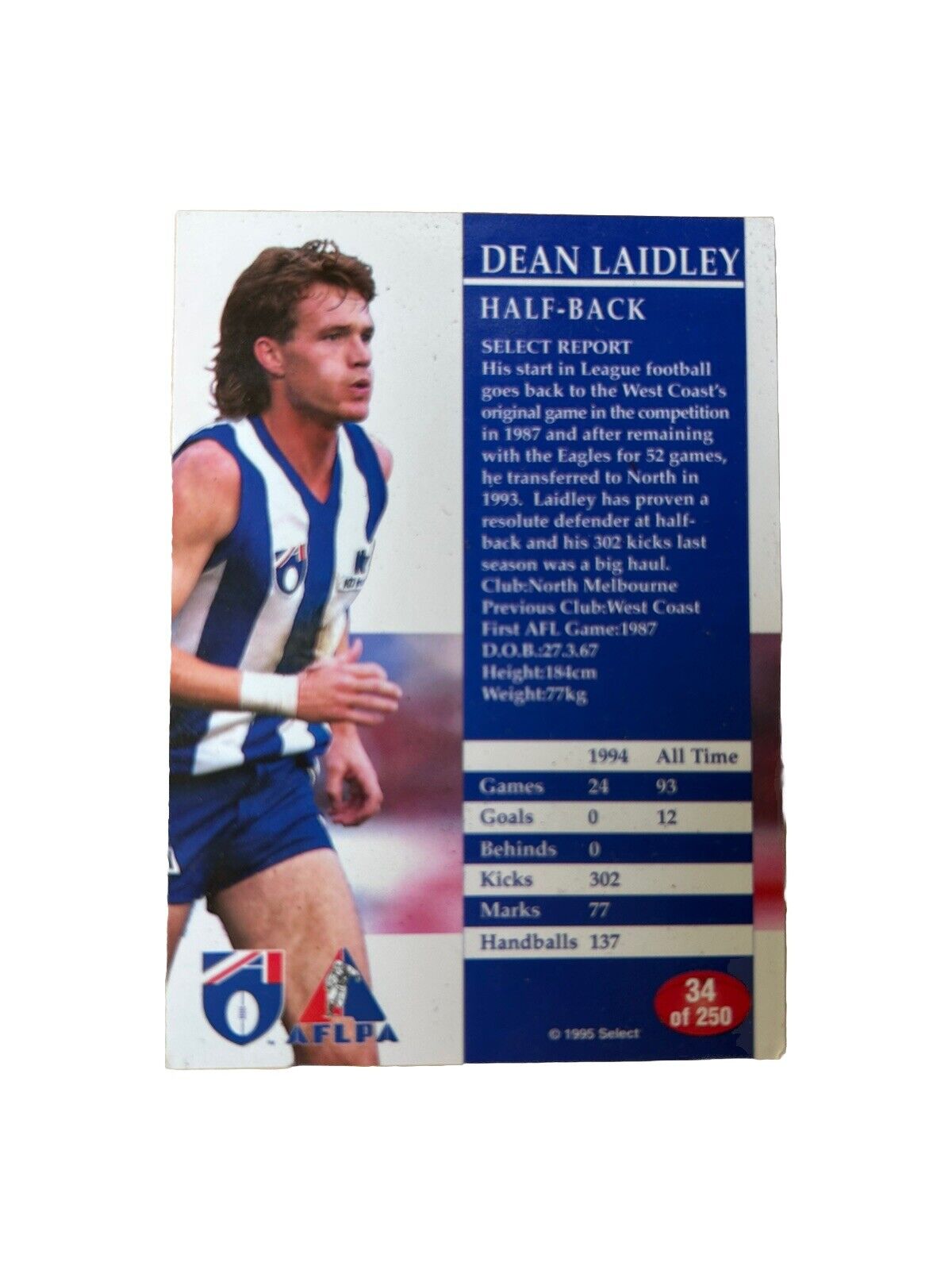 1995 Select series 1 common card 34/250 Dean Laidley - Kangaroos