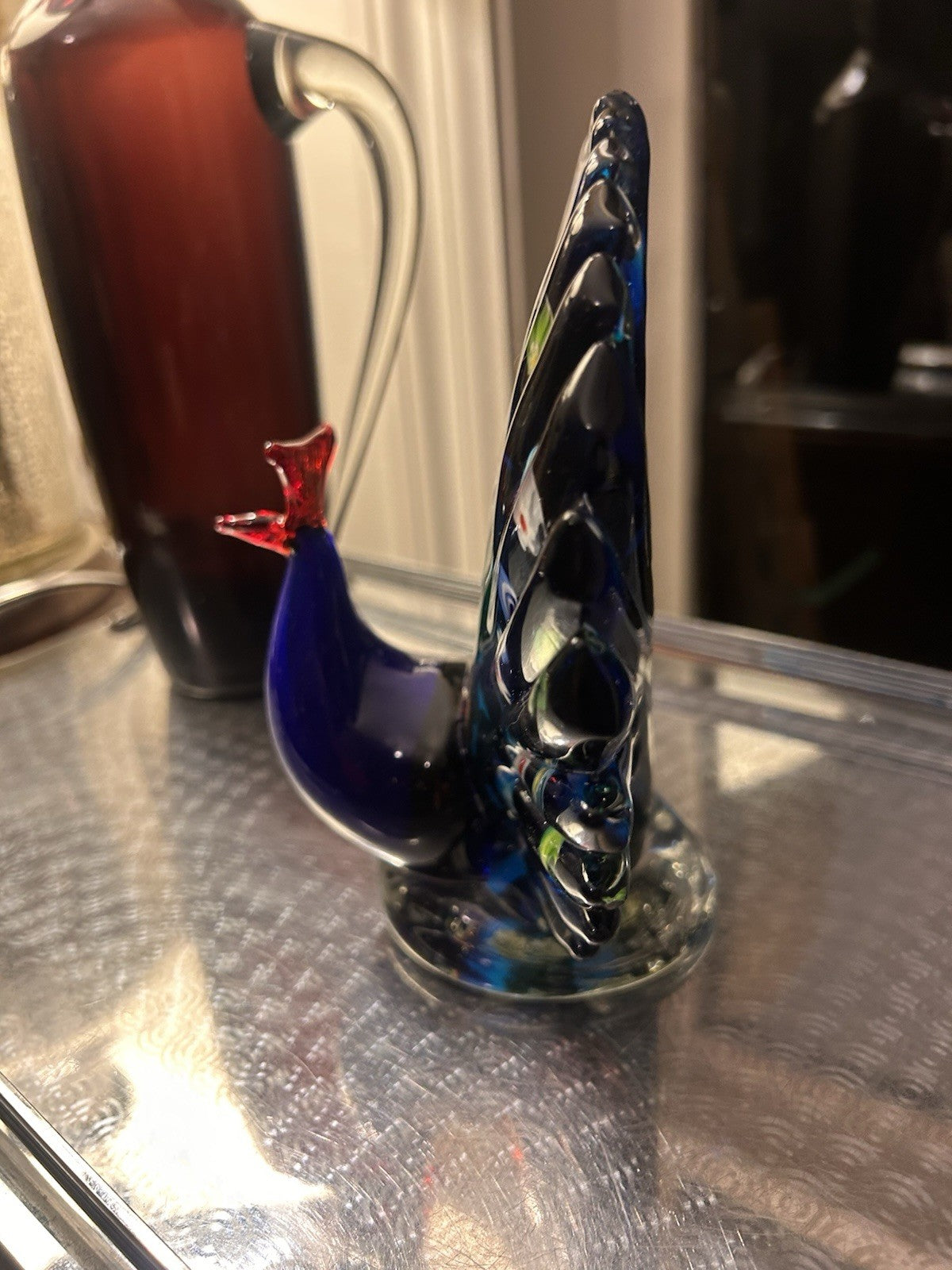 Italian Art Glass Peacock Figurine Millefiori Blue Heavy Studio Glass 