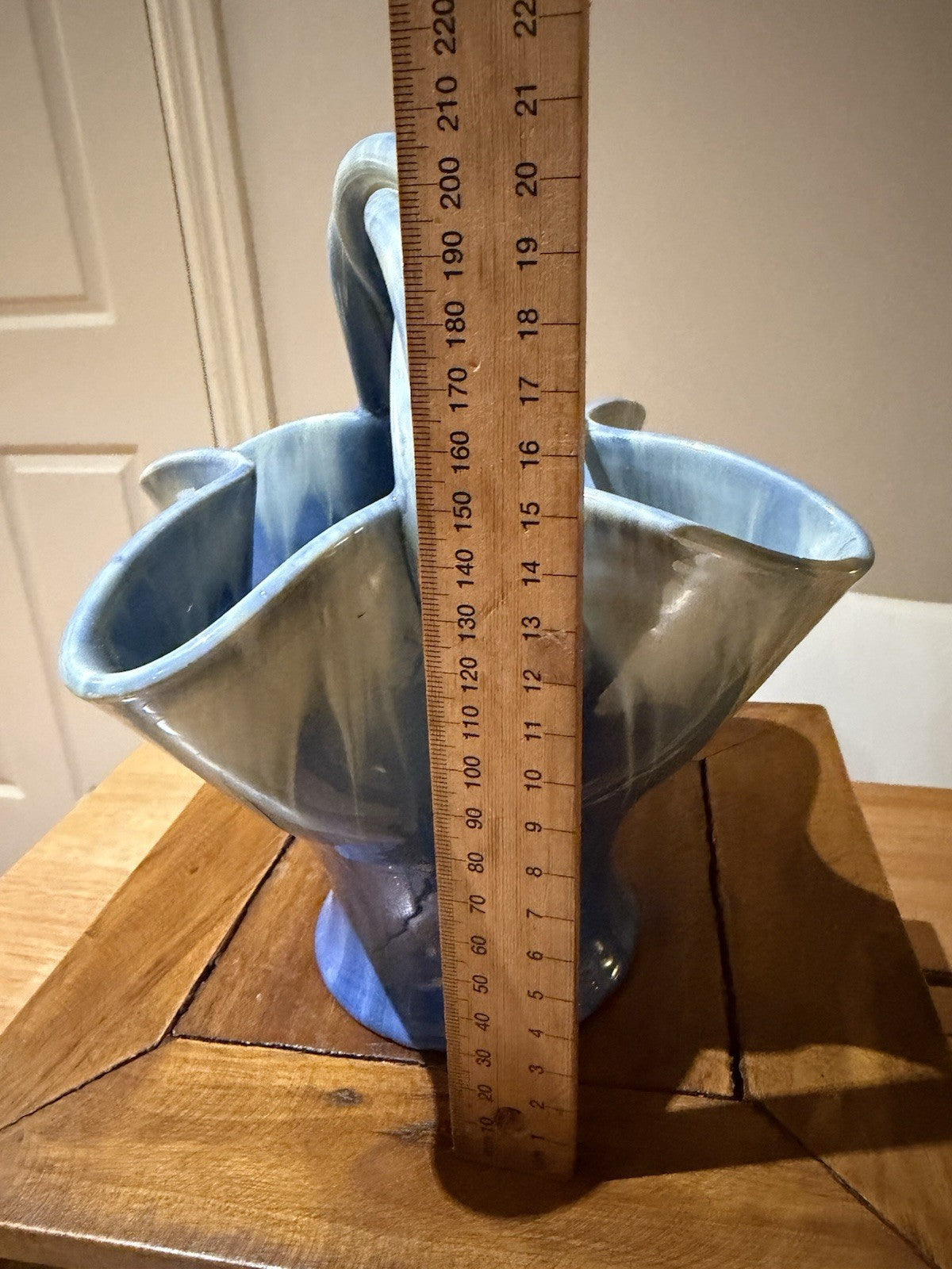 Vintage Remued Australian Pottery Basket Vase Blue Drip Glaze 184-10