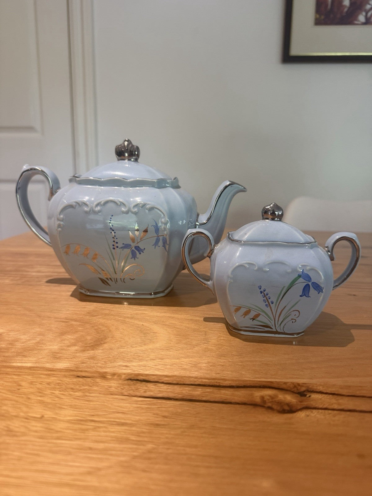 Vintage Sadler 2058 Bluebell Teapot Sugar Bowl Set Silver Trim England