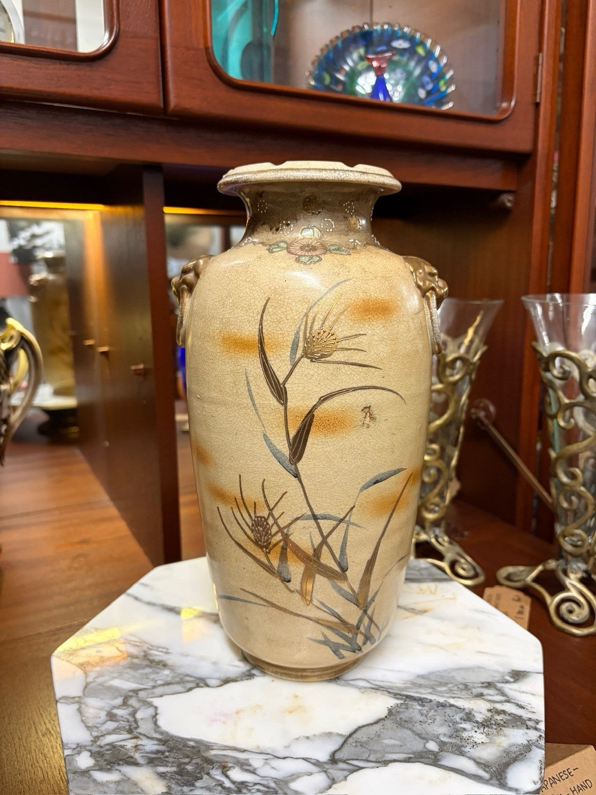 Antique Japanese Satsuma Style Vase 31cm Lion Mask Handles Meiji c1900-1920