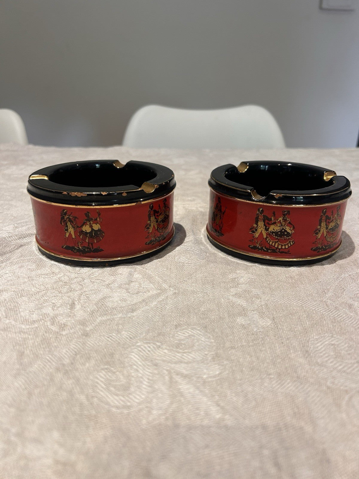 Vintage Italian Ceramiche Fiorentine Ashtrays Pair Red Black Gold c1950s 