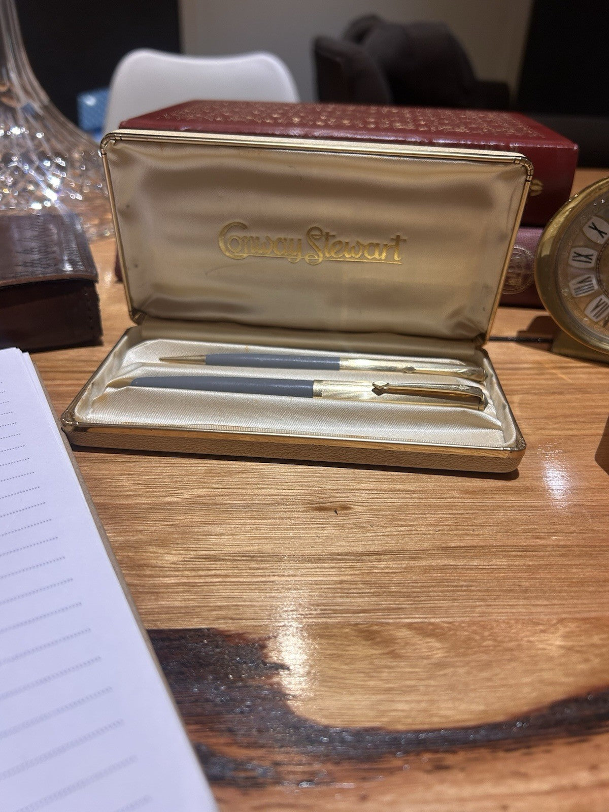 Vintage Conway Stewart Fountain Pen & Pencil Set 14ct Nib 12ct RG Grey Cased