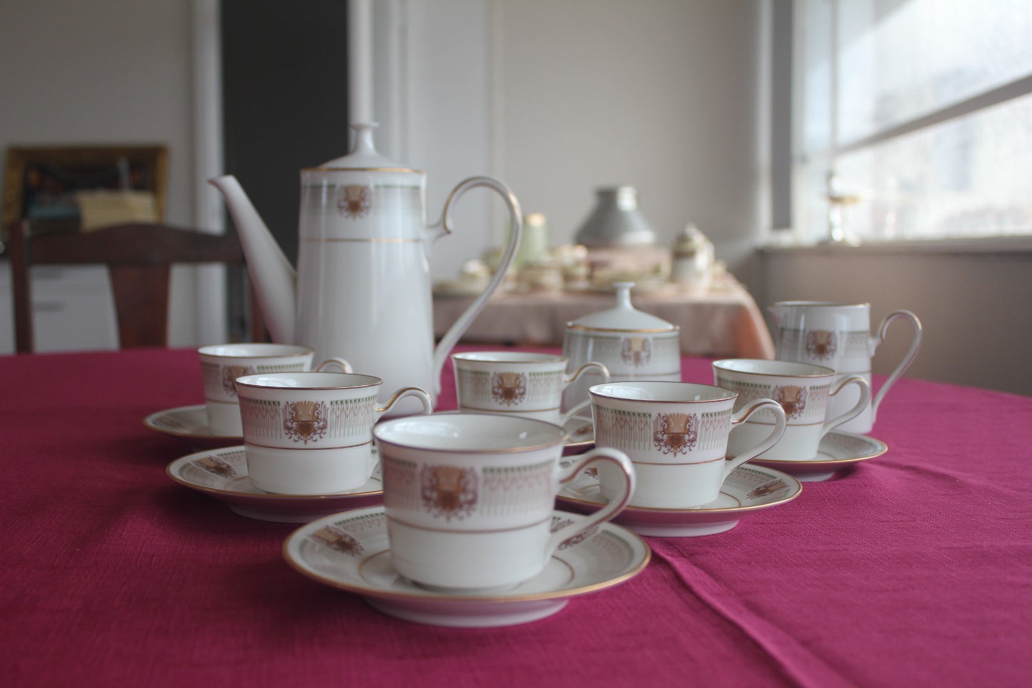 Noritake Chesterfield 7090 Coffee Service – 6 Cups Saucers Pot Sugar Japan