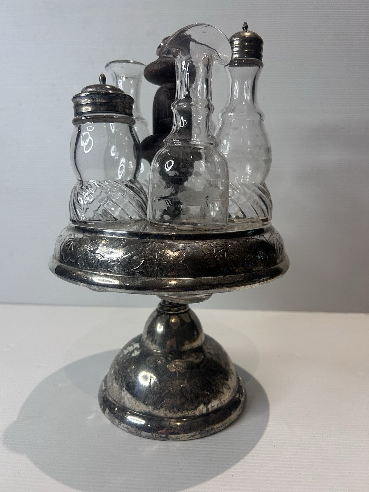Antique Silver Plated Cruet Set w/ Cut Glass Bottles Victorian Style 27cm Tall