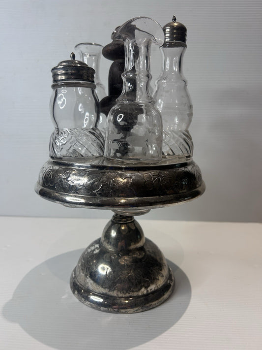 Antique Silver Plated Cruet Set w/ Cut Glass Bottles Victorian Style 27cm Tall