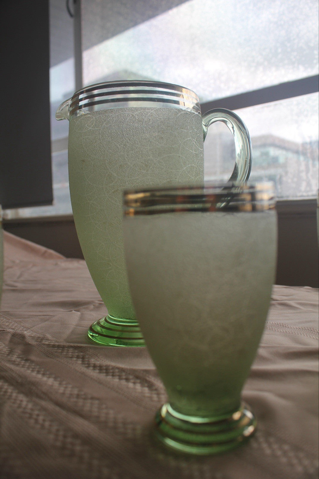 Vintage Green Crackle Glass Water Jug & 4 Tumblers Art Deco Style S