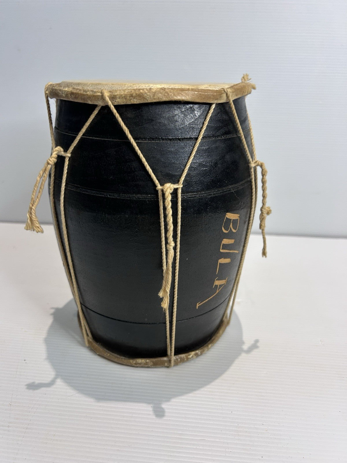 Fijian Handcrafted BULA Drum Black Wood Goat Skin Head 20cm Souvenir Decor