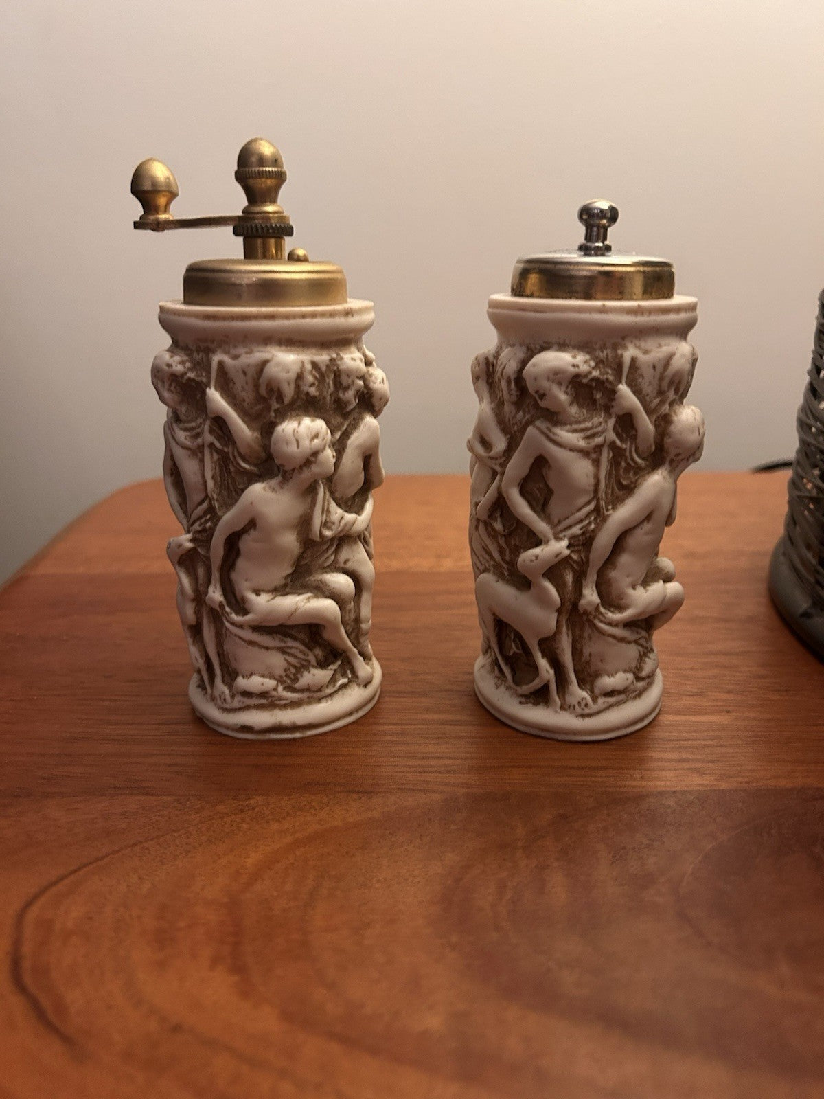 Vintage Cherub Relief Salt Pepper & Pepper Grinder Set Brass Top