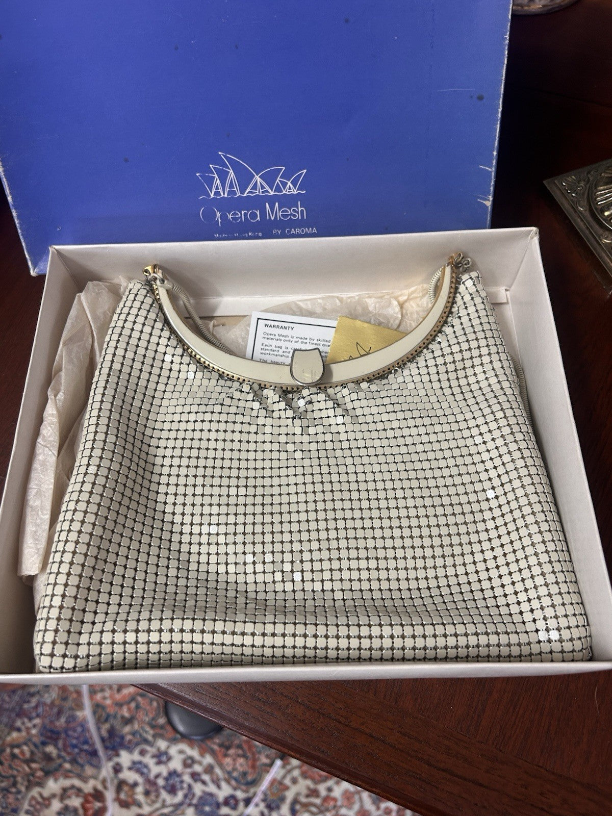 Vintage Opera Mesh by Caroma Evening Bag Cream Metal Mesh Boxed c.1960s
