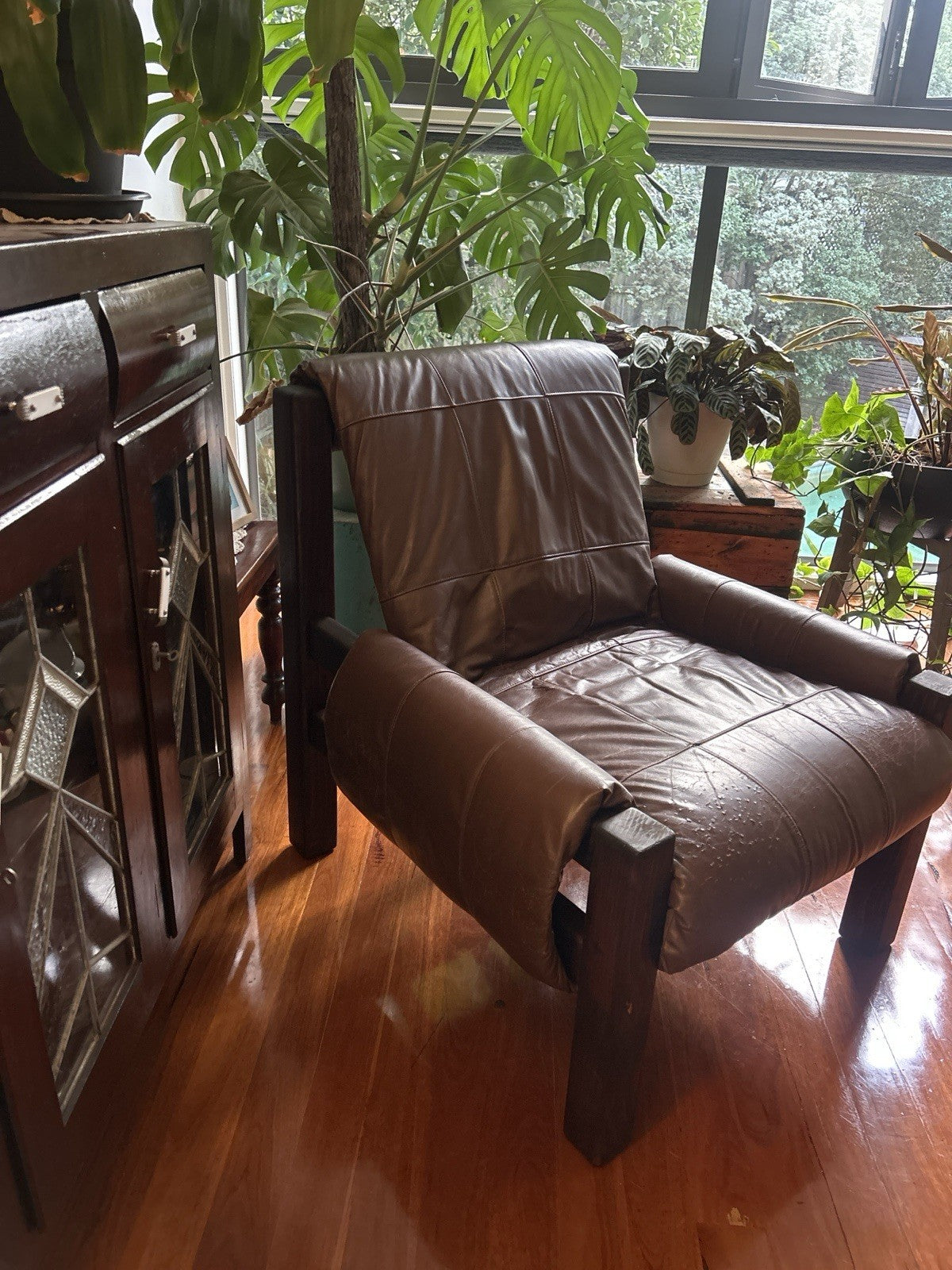 Architectural 1970s Solid Timber & Original Leather Armchair