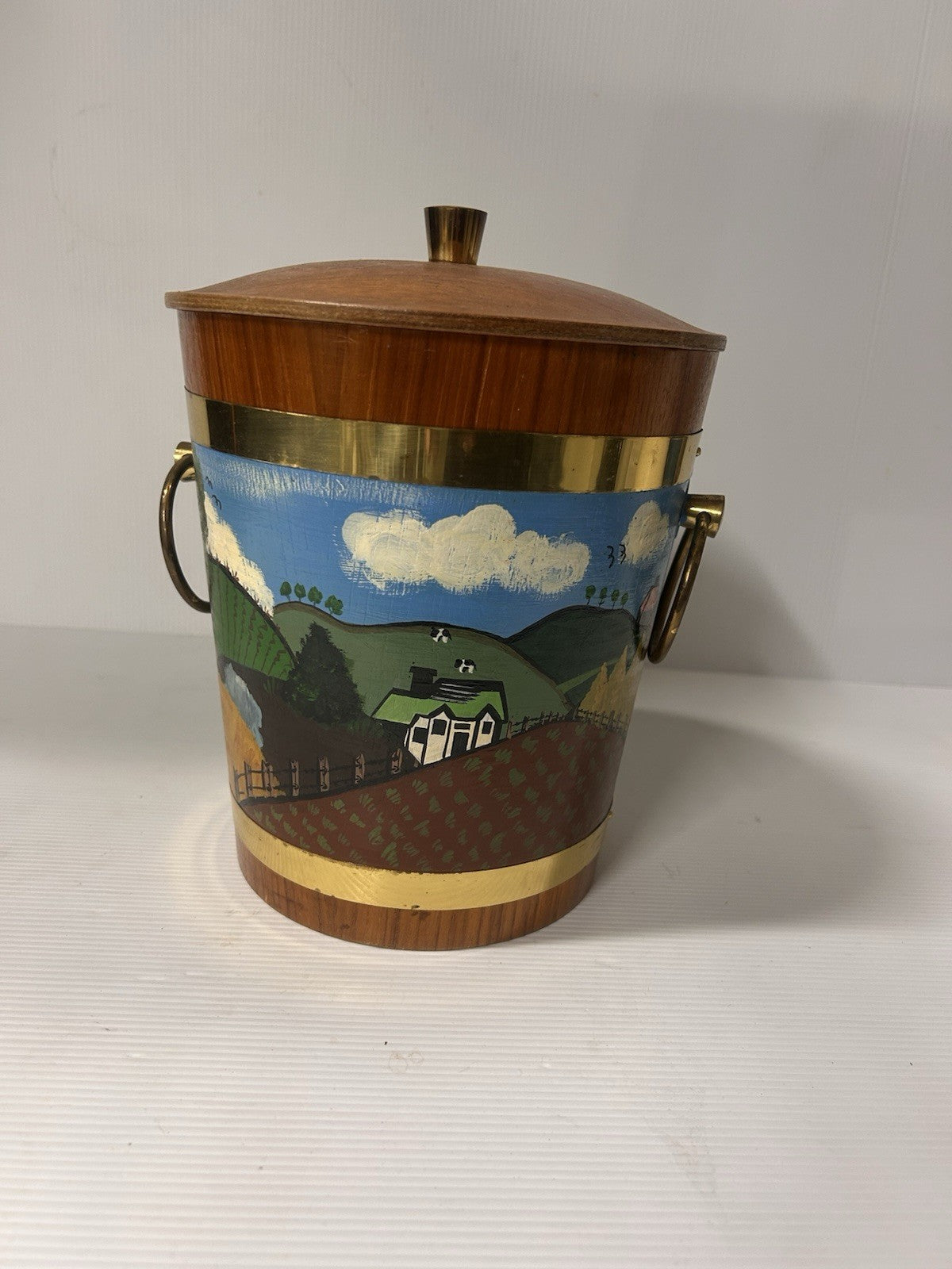 Mid-Century Ice Bucket Hand Painted Farm Scene Brass Trim