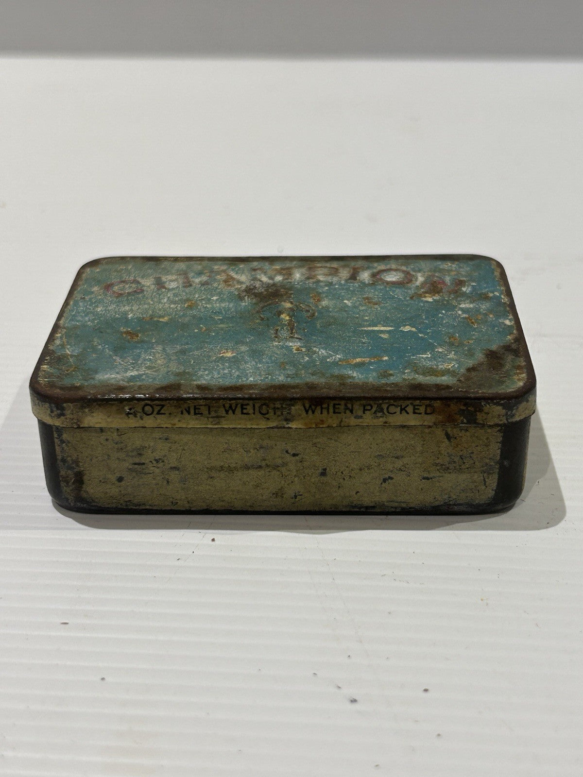 Vintage Champion Tobacco Tin Blue Gold Hinged Lid 4oz Rusty Patina Australiana