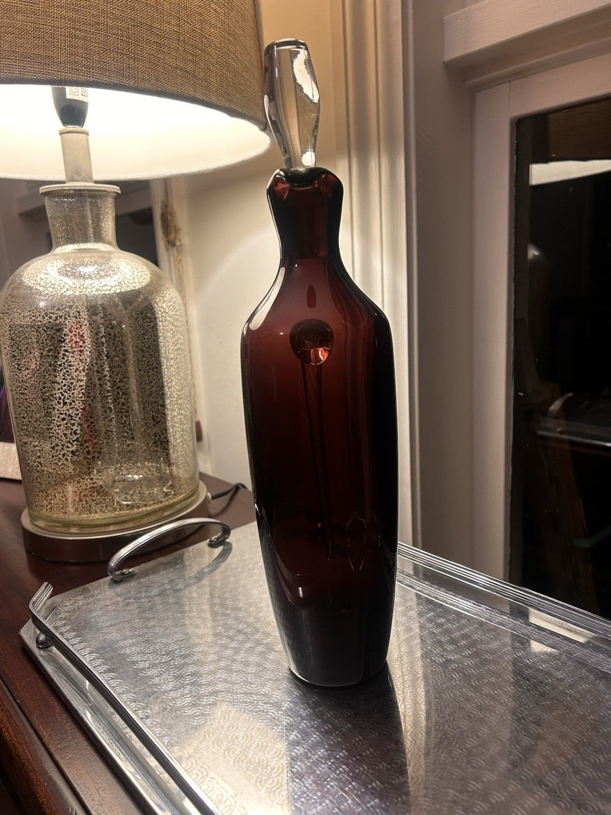 Vintage Ruby Red Art Glass Decanter Bottle w Stopper & Handle Murano Style 36cm 