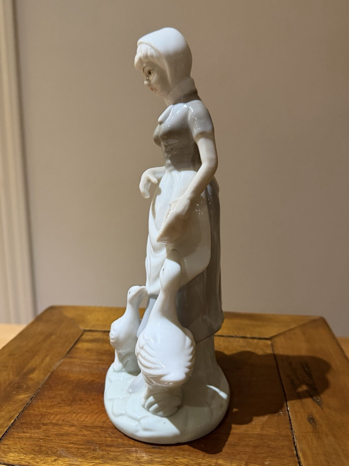 Vintage Porcelain Dutch Girl Feeding Geese Figurine White Blue 20cm