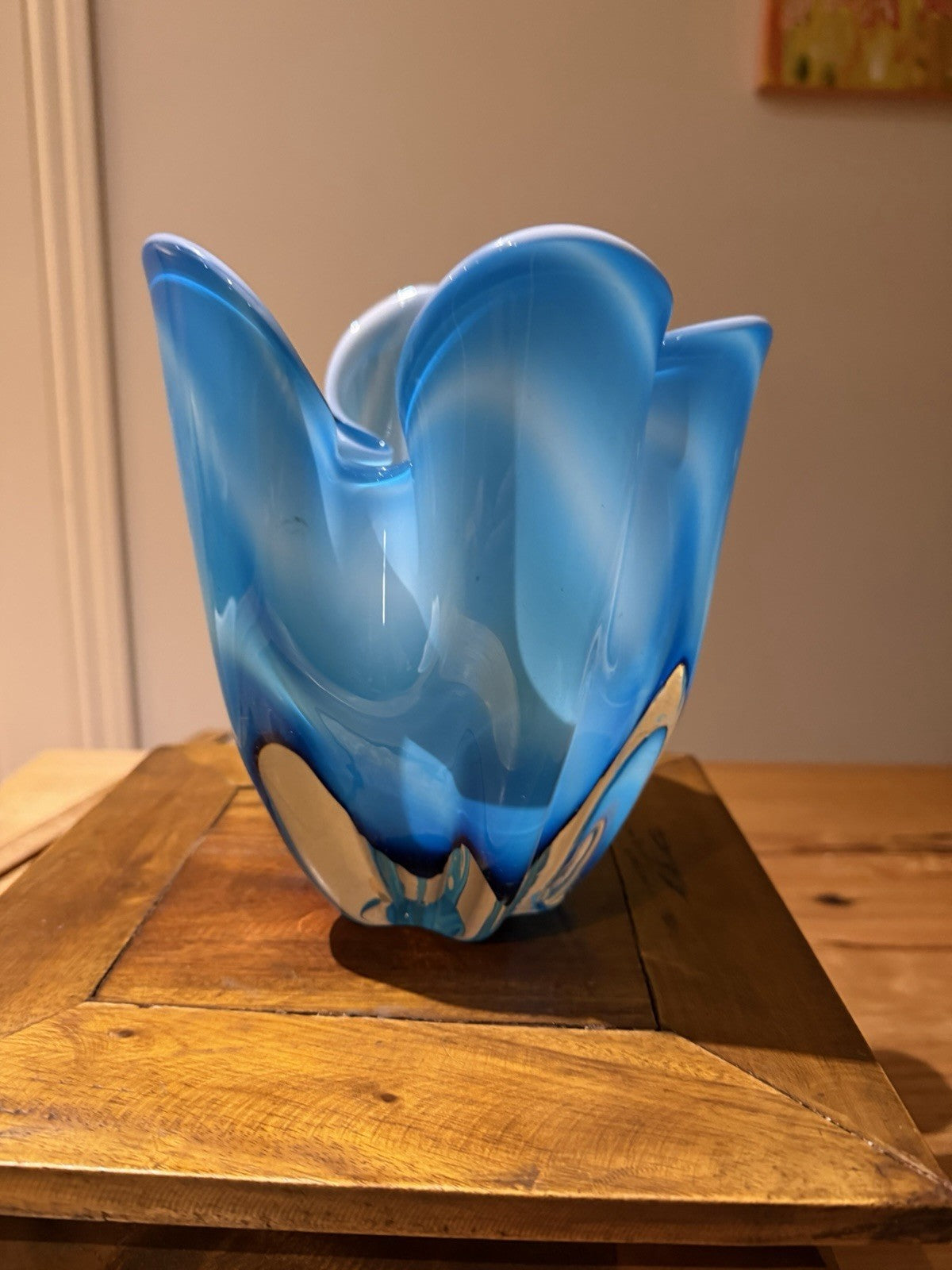 Czech Chribska Blue Cased Art Glass Vase Mid Century 19cm Organic Form