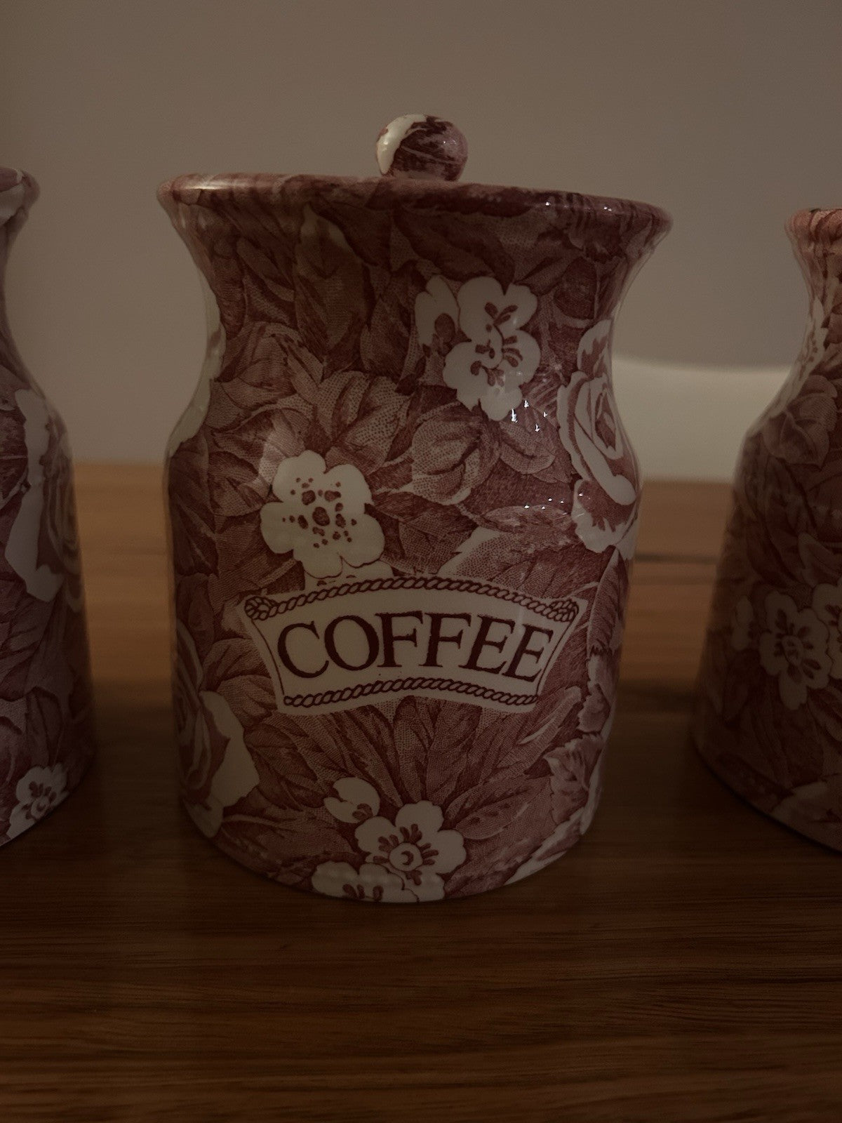 Vintage Burleigh Victoria China Tea Coffee Sugar Canisters Red Floral Set