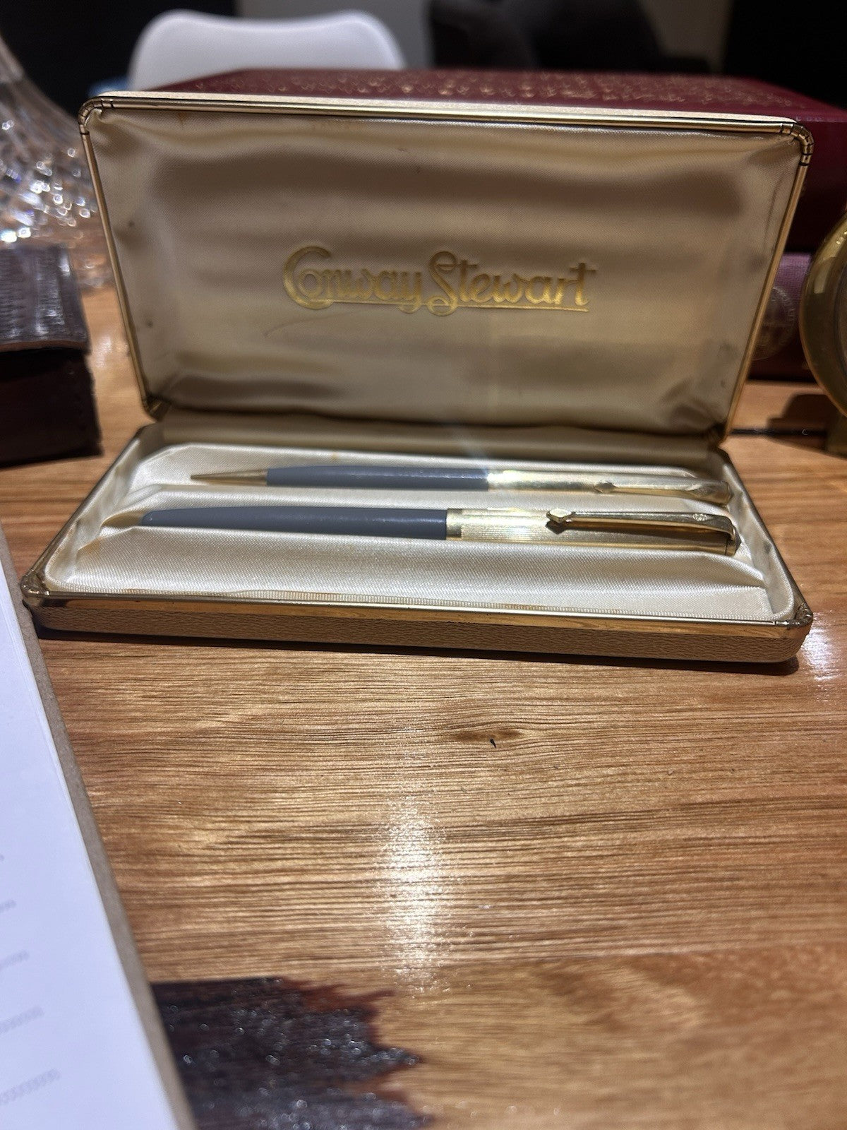 Vintage Conway Stewart Fountain Pen & Pencil Set 14ct Nib 12ct RG Grey Cased