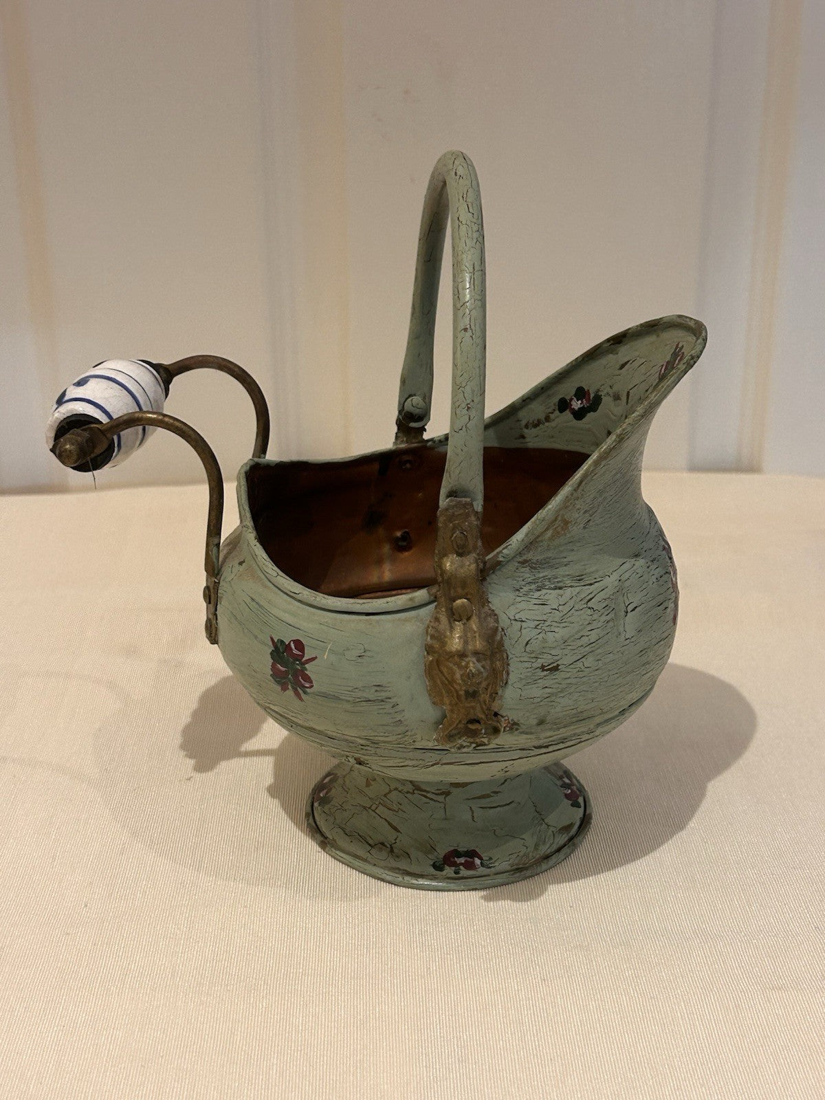 Vintage Hand-Painted Toleware Teapot & Coal Scuttle Set – Green Floral Metal