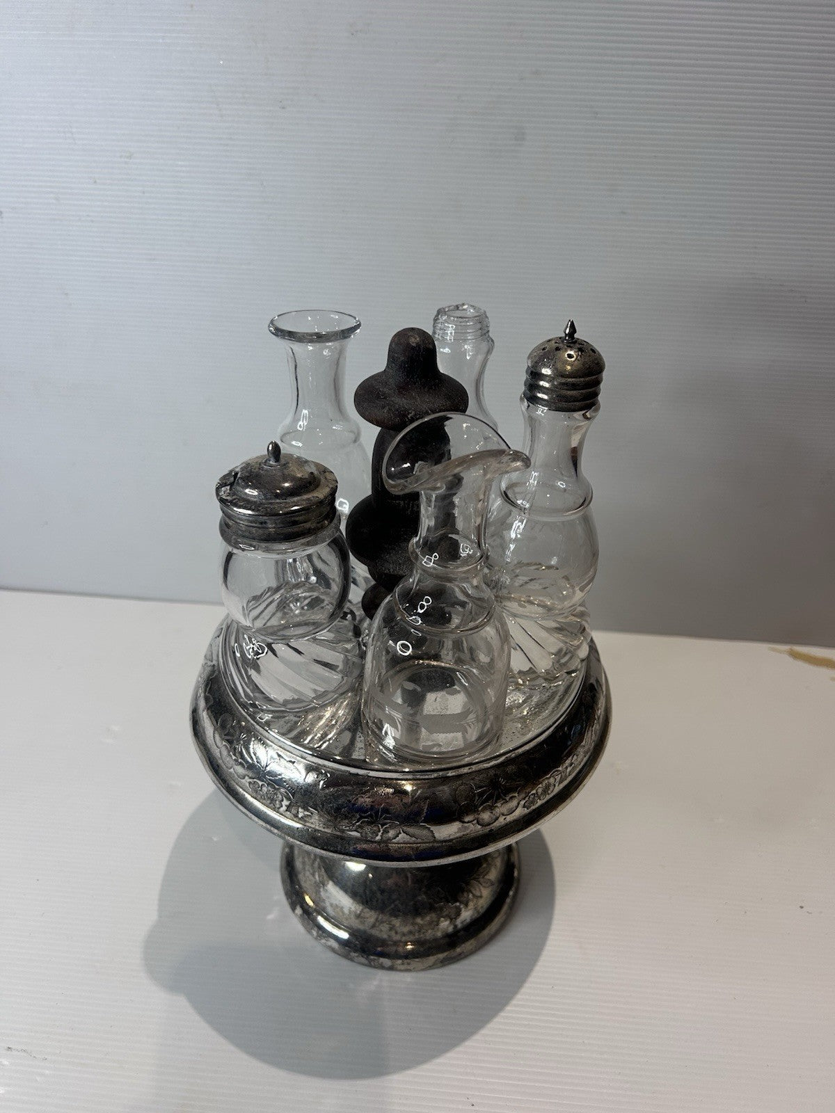 Antique Silver Plated Cruet Set w/ Cut Glass Bottles Victorian Style 27cm Tall
