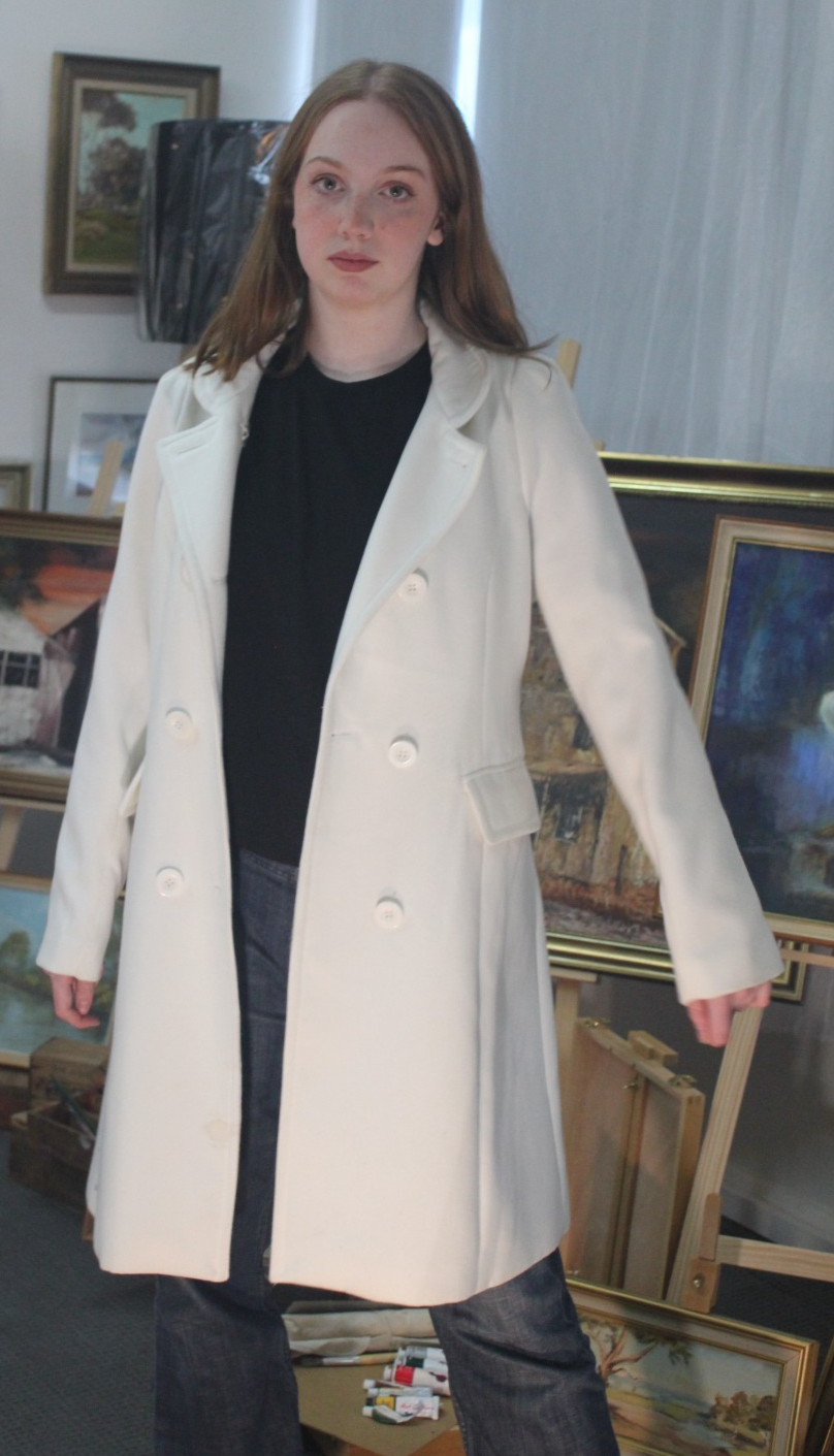 Ladies White Double Breasted Long Coat Lifestyle Wear Size 12 Tailored Jacket
