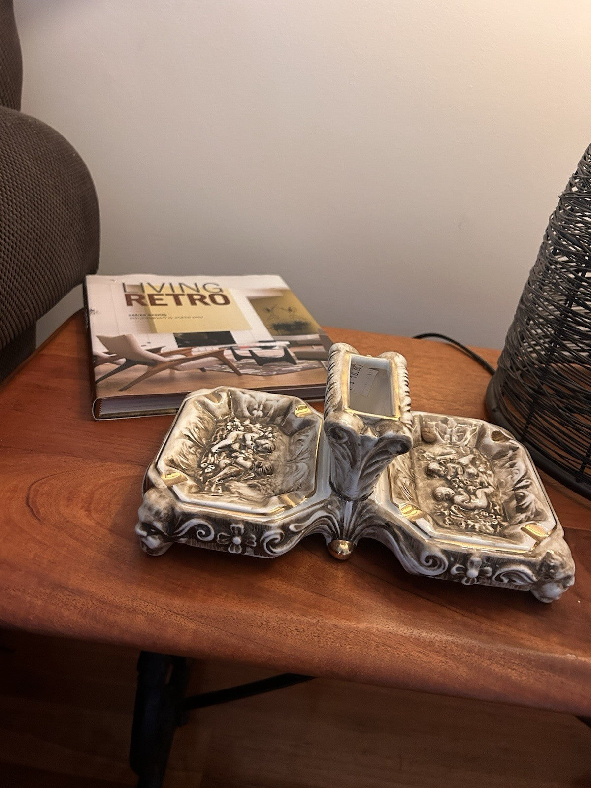 R Capodimonte Large Porcelain Smoking Desk Set Cherubs Italy c1950s