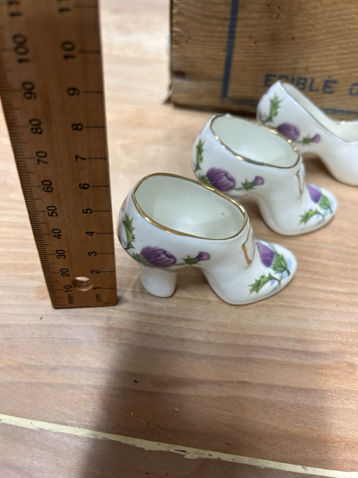 Set of 4 English Bone China Shoe Vases – Thistle Design, Vintage Collectible