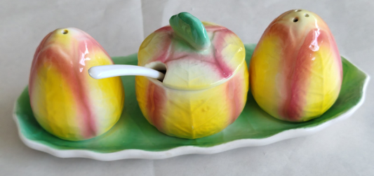 Vintage Japanese Peach Cruet Set on Leaf Tray – Salt, Pepper & Jam