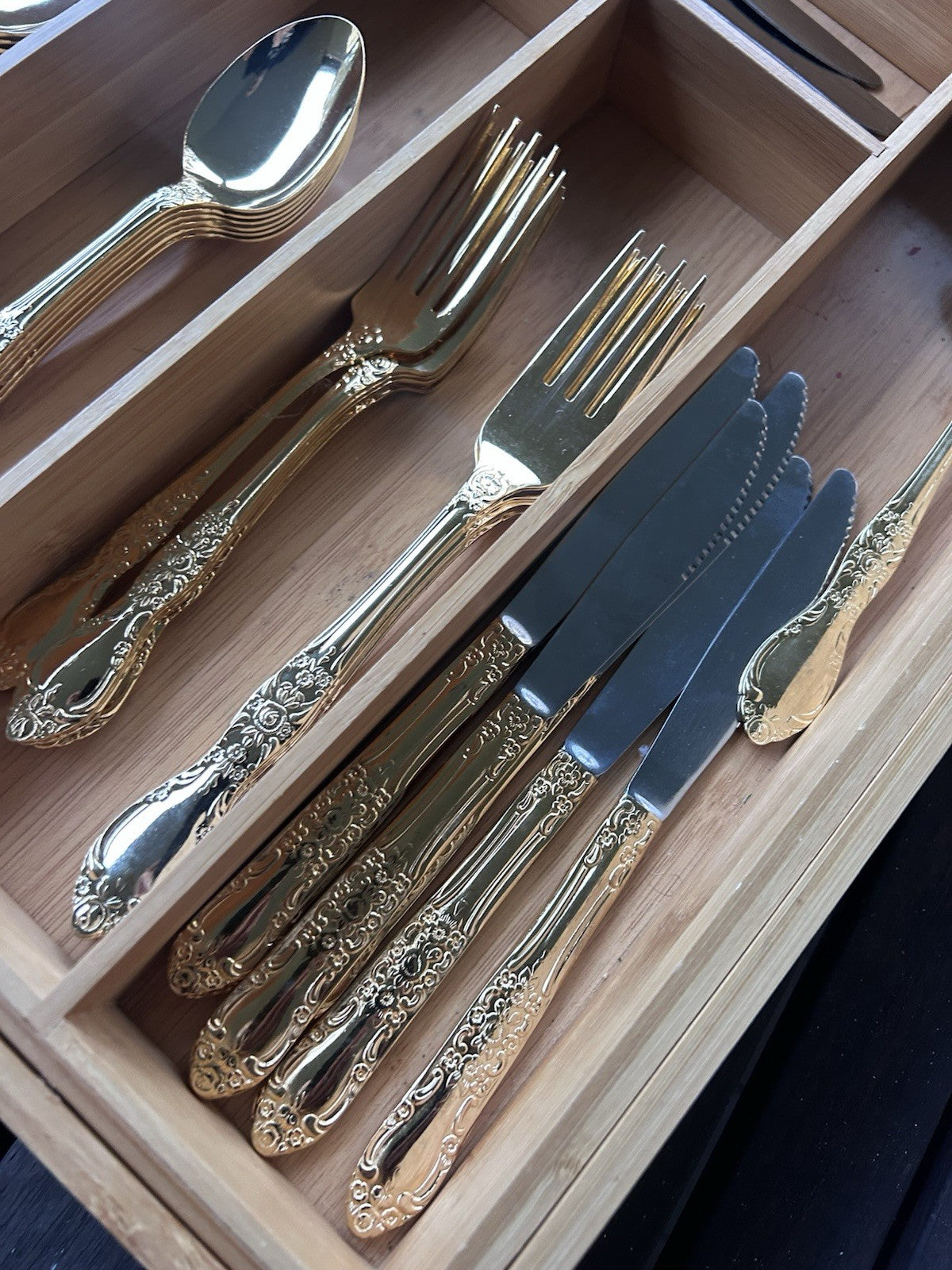 Vintage Gold Stainless Steel 49pc Cutlery Set Japan Ornate Floral Pattern