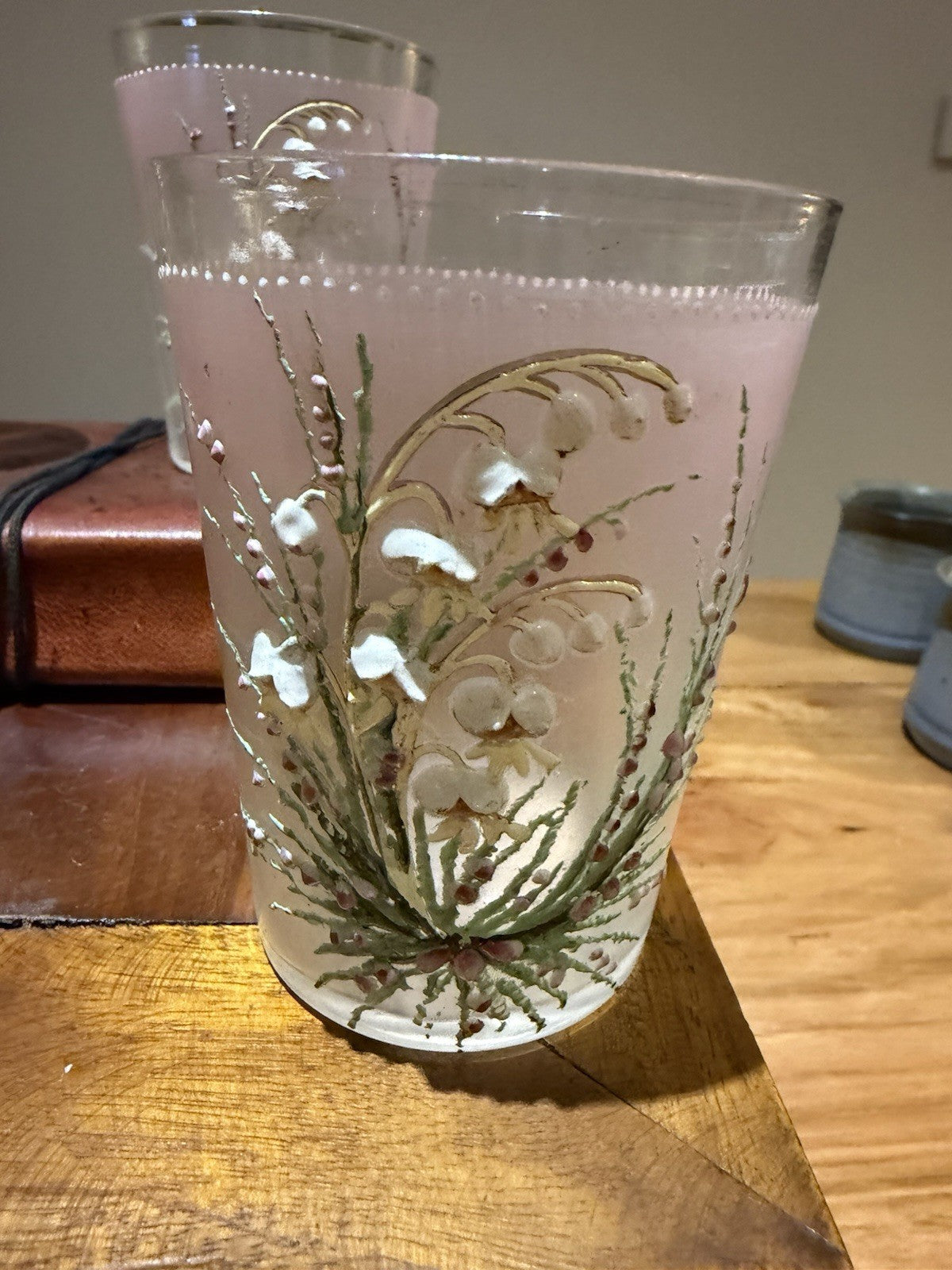 Antique Bohemian Victorian Enamel Glass Tumblers Set 4 Lily of Valley Frosted