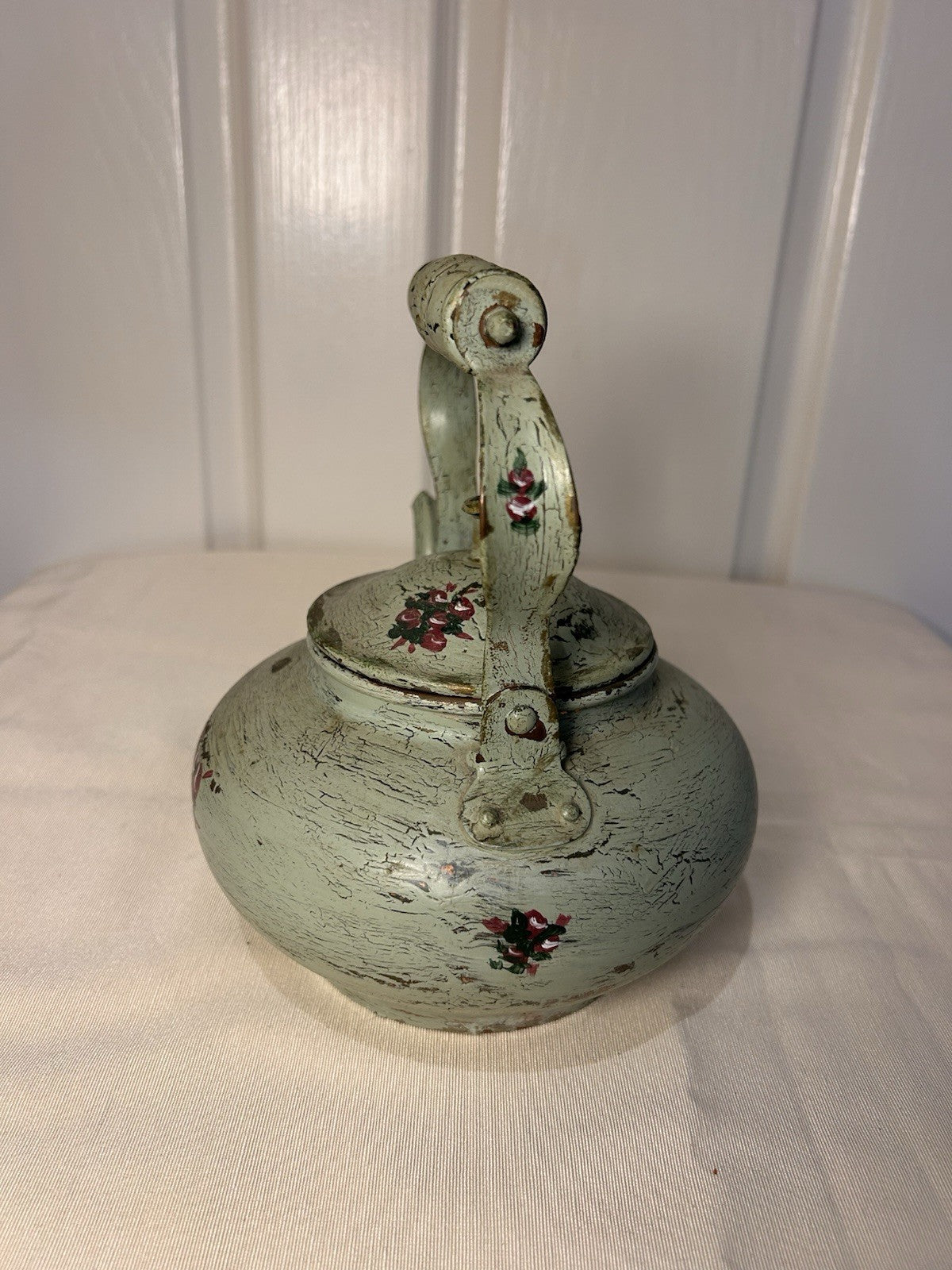 Vintage Hand-Painted Toleware Teapot & Coal Scuttle Set – Green Floral Metal