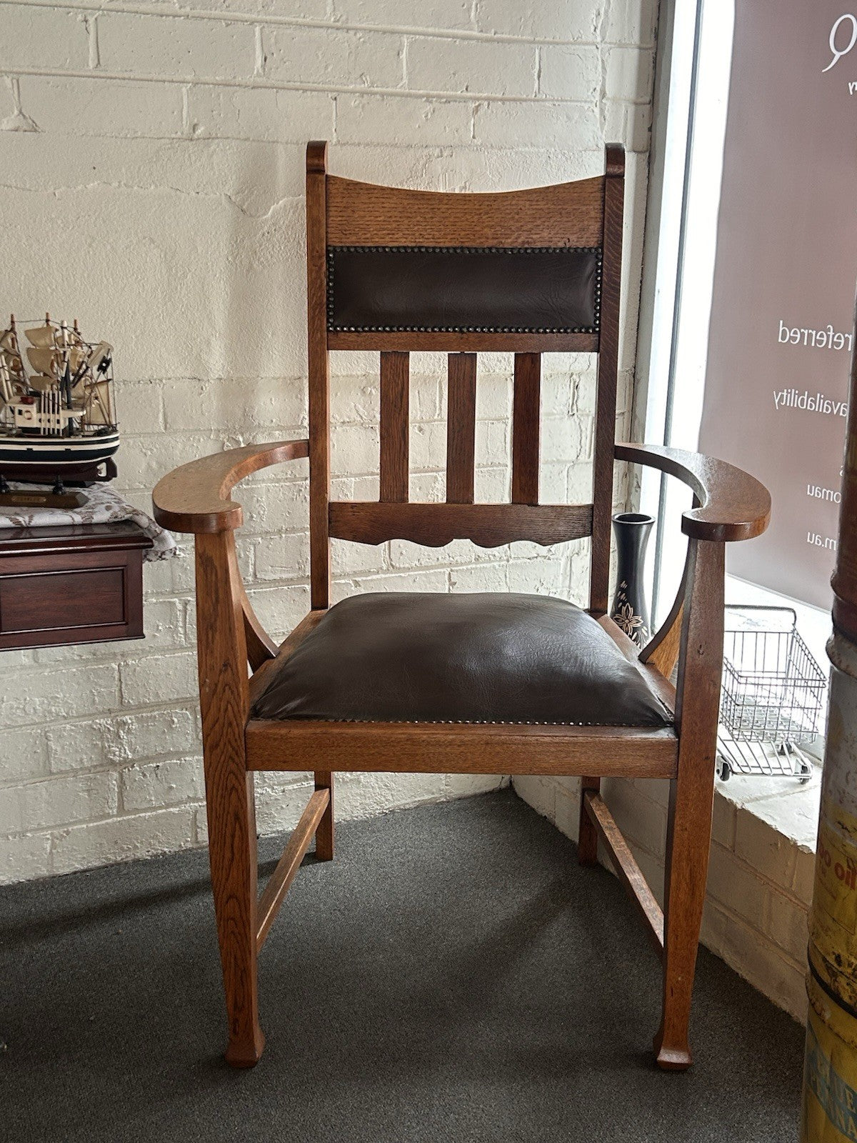 Antique Arts & Crafts Oak Carver Chair Leather Dining Chair c1905